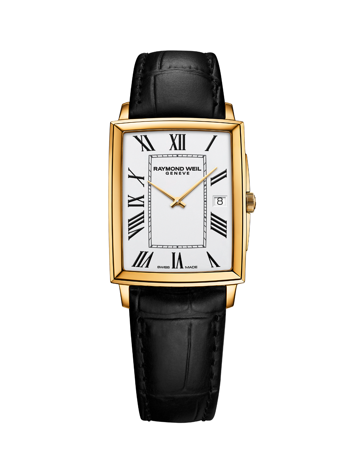Raymond Weil Toccata Square watch with gold-tone case, black leather strap and white dial on a white background.