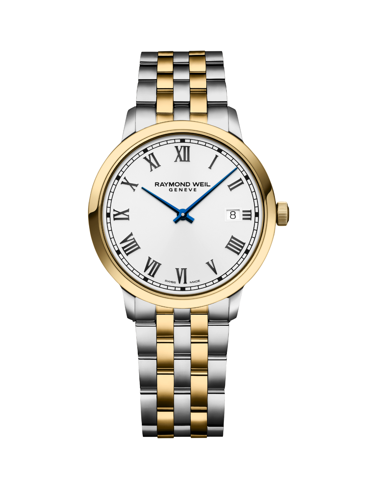 Raymond Weil Toccata Classic watch with steel and yellow-gold bracelet and white dial on a white background.