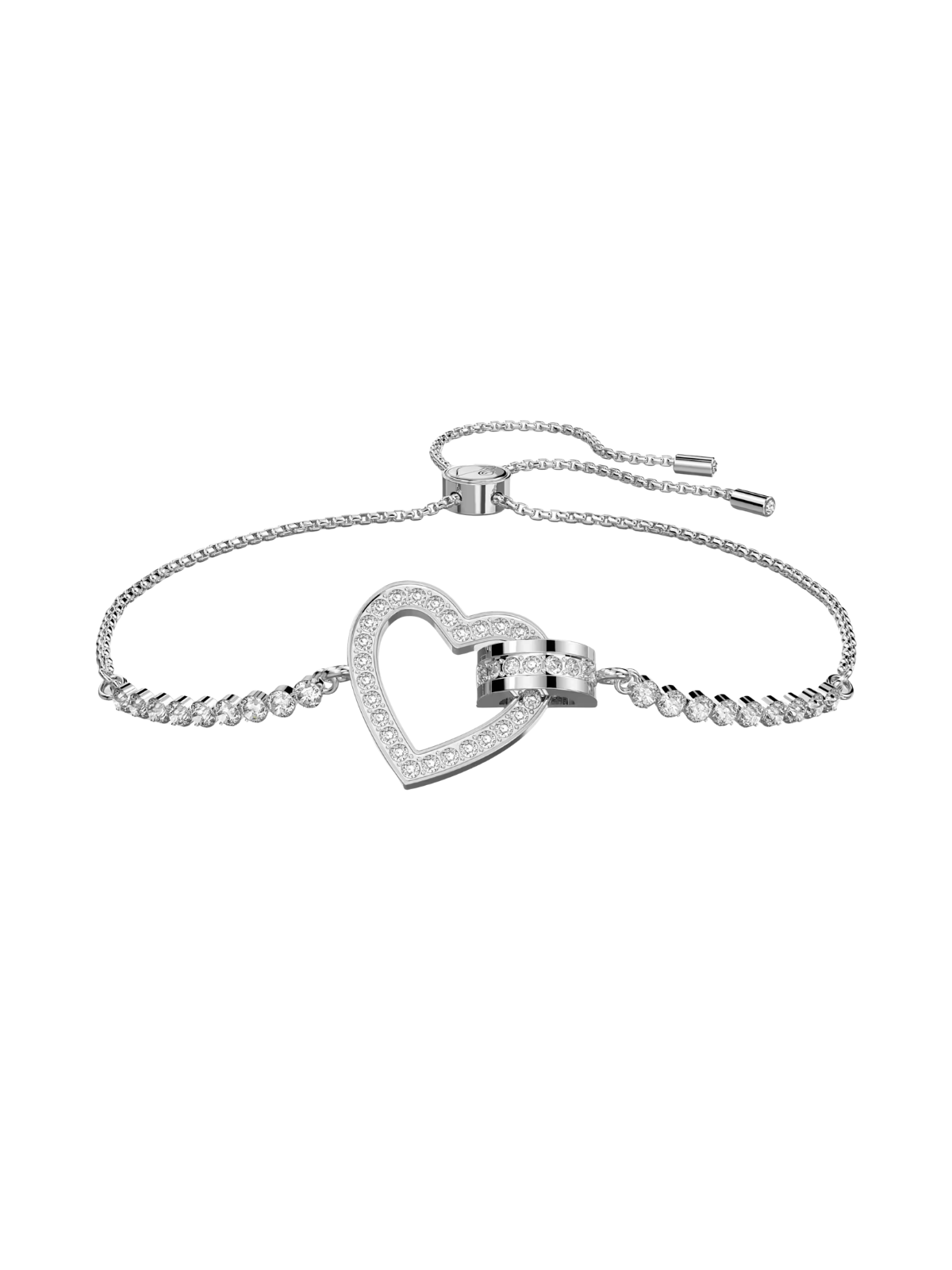 Swarovski white crystal heart bracelet with silver-colour chain on a white background.