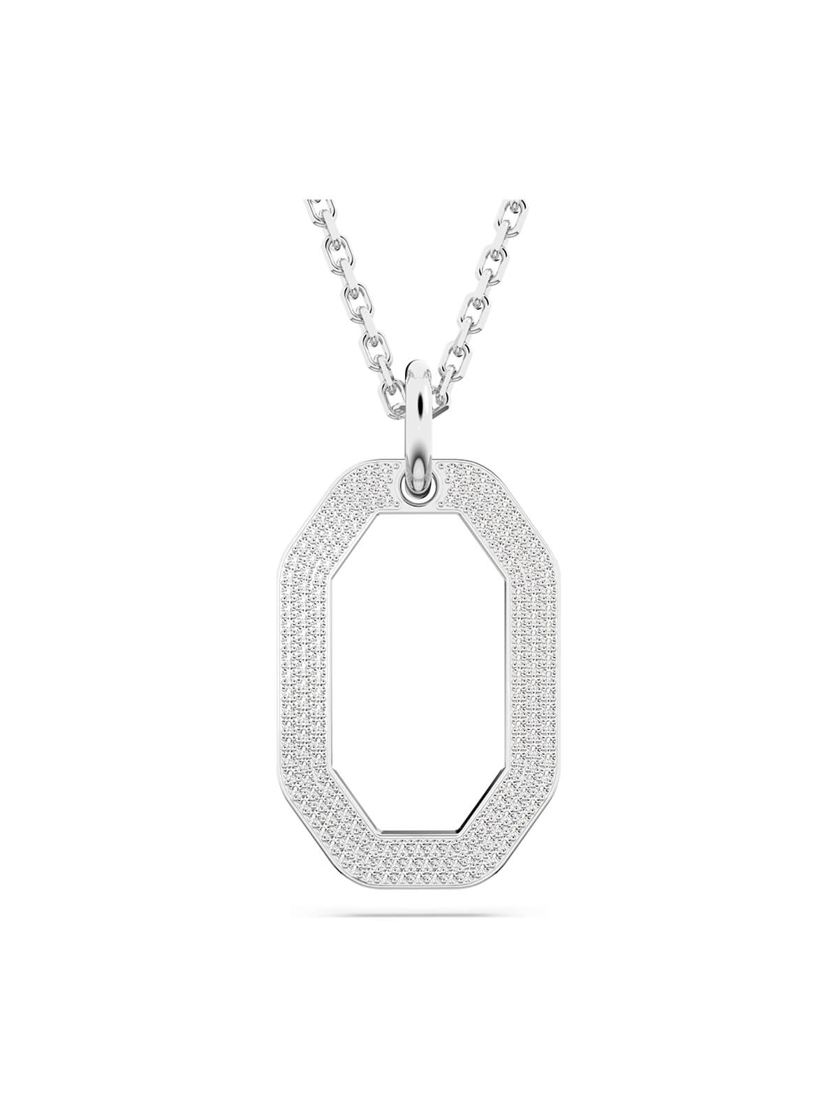 Swarovski silver-colour octagon shaped pendant with white crystals on a white background.