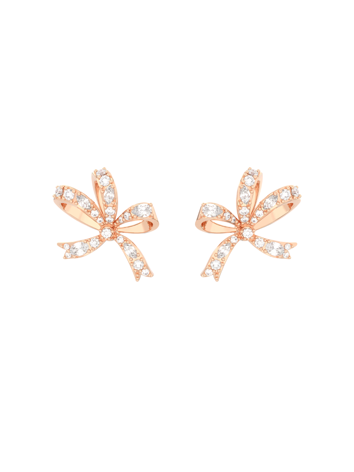 Swarovski rose-gold tone and white crystal bow earrings on a white background.