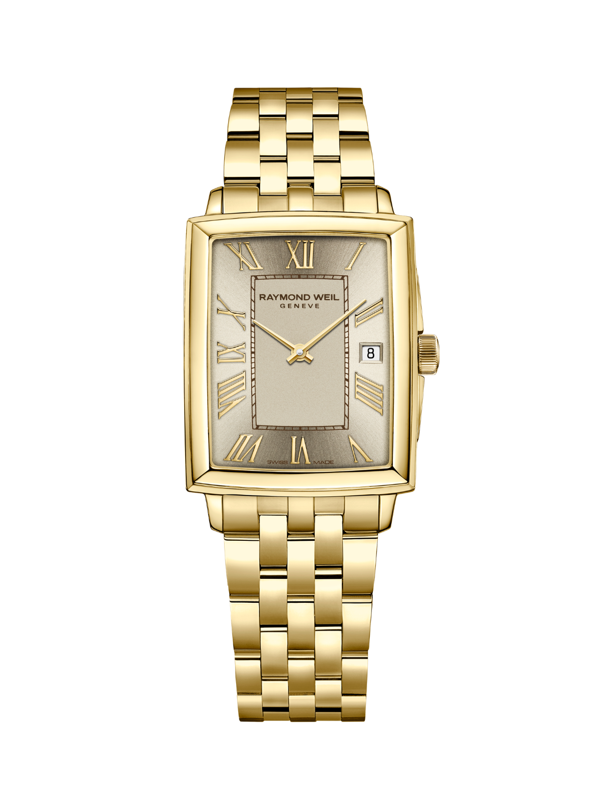 Raymond Weil Toccata Square watch with gold-tone bracelet and champagne dial on a white background.