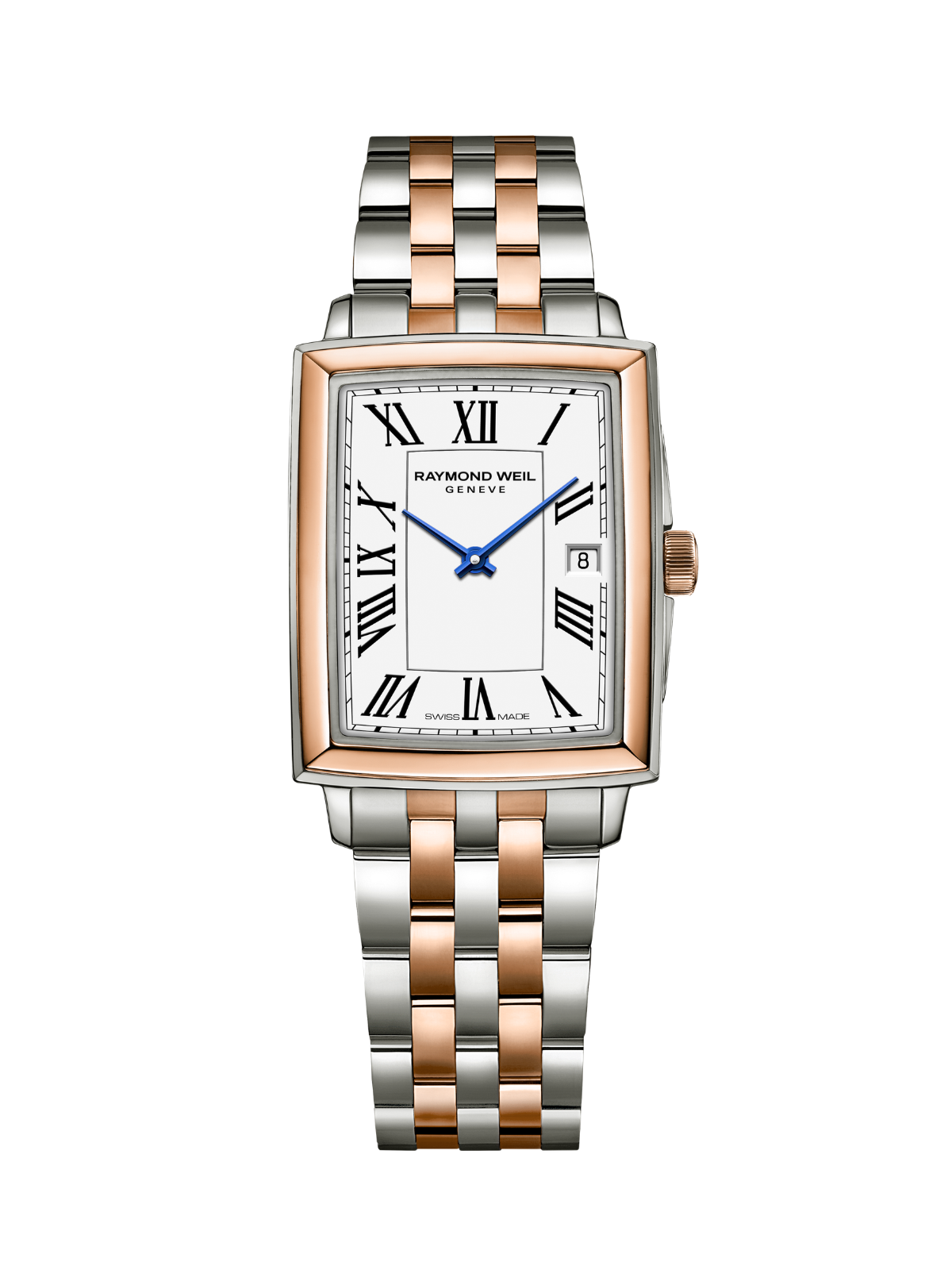 Raymond Weil Toccata Square watch with a steel and rose gold bracelet and white dial on a white background.