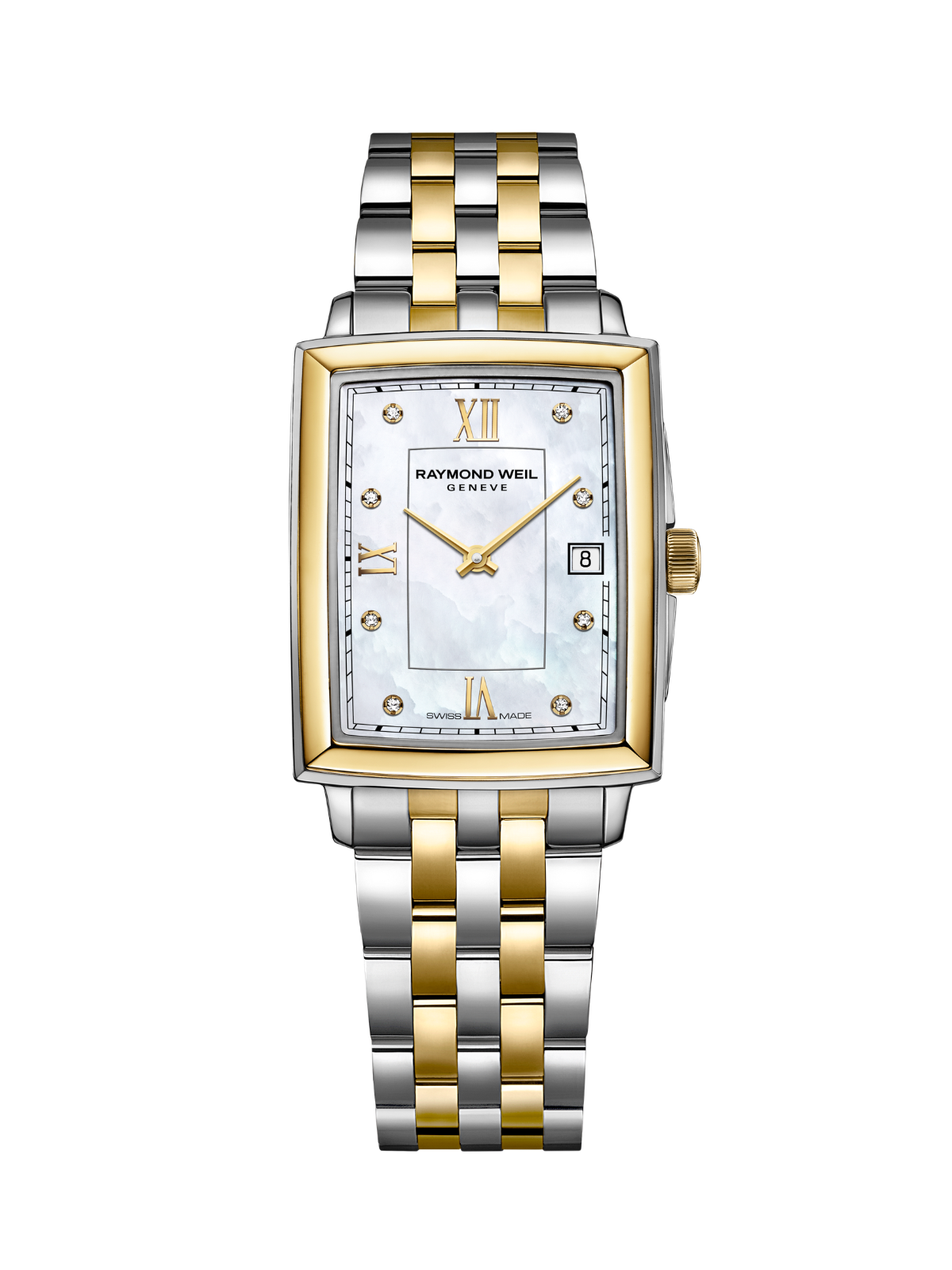 Raymond Weil Toccata Square watch with a steel and yellow-gold bracelet and mother of pearl dial on a white background.