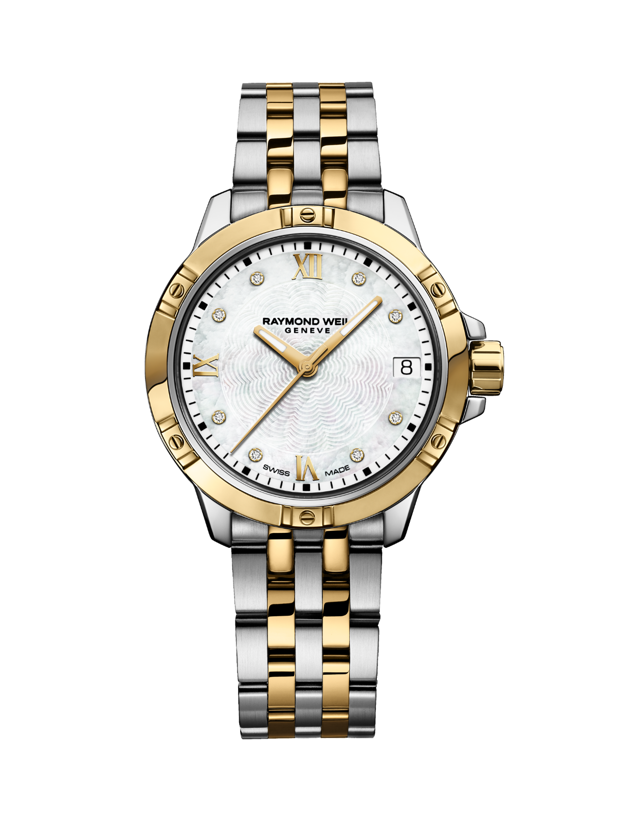 Raymond Weil Tango Classic watch with a two-tone steel bracelet and white mother of pearl dial on a white background.