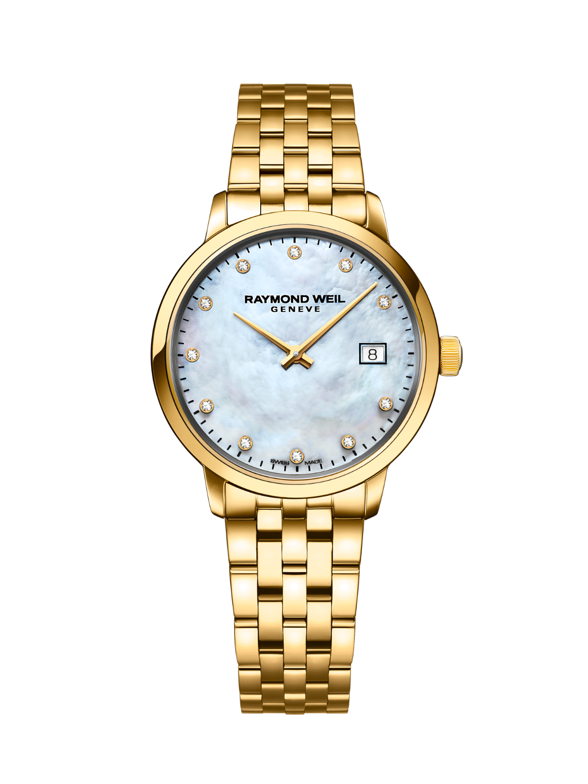 Raymond Weil Toccata Classic watch with yellow gold-tone bracelet and mother of pearl dial on a white background.