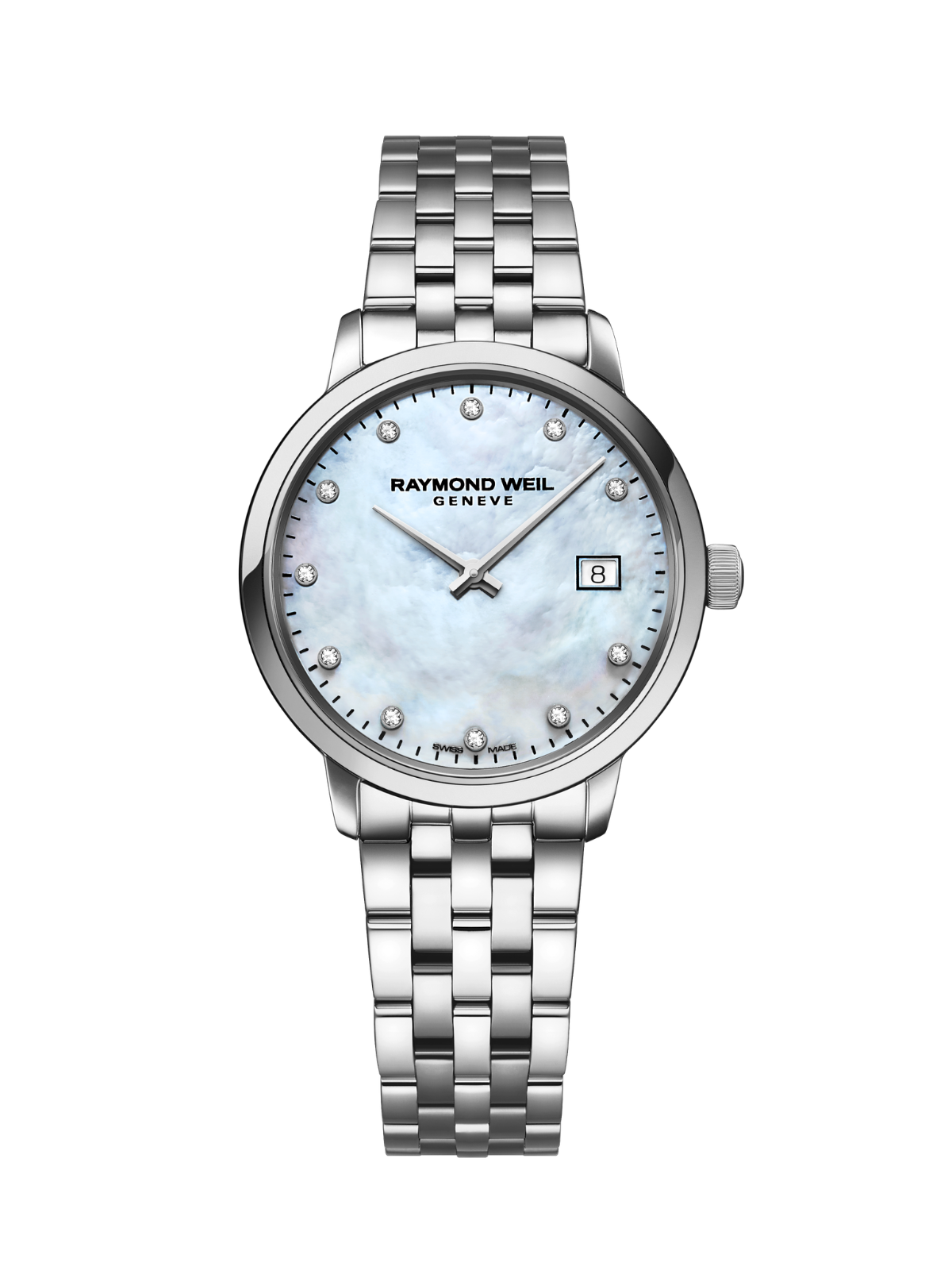 Raymond Weil Toccata Classic watch with a steel bracelet and white mother-of-pearl dial on a white background.