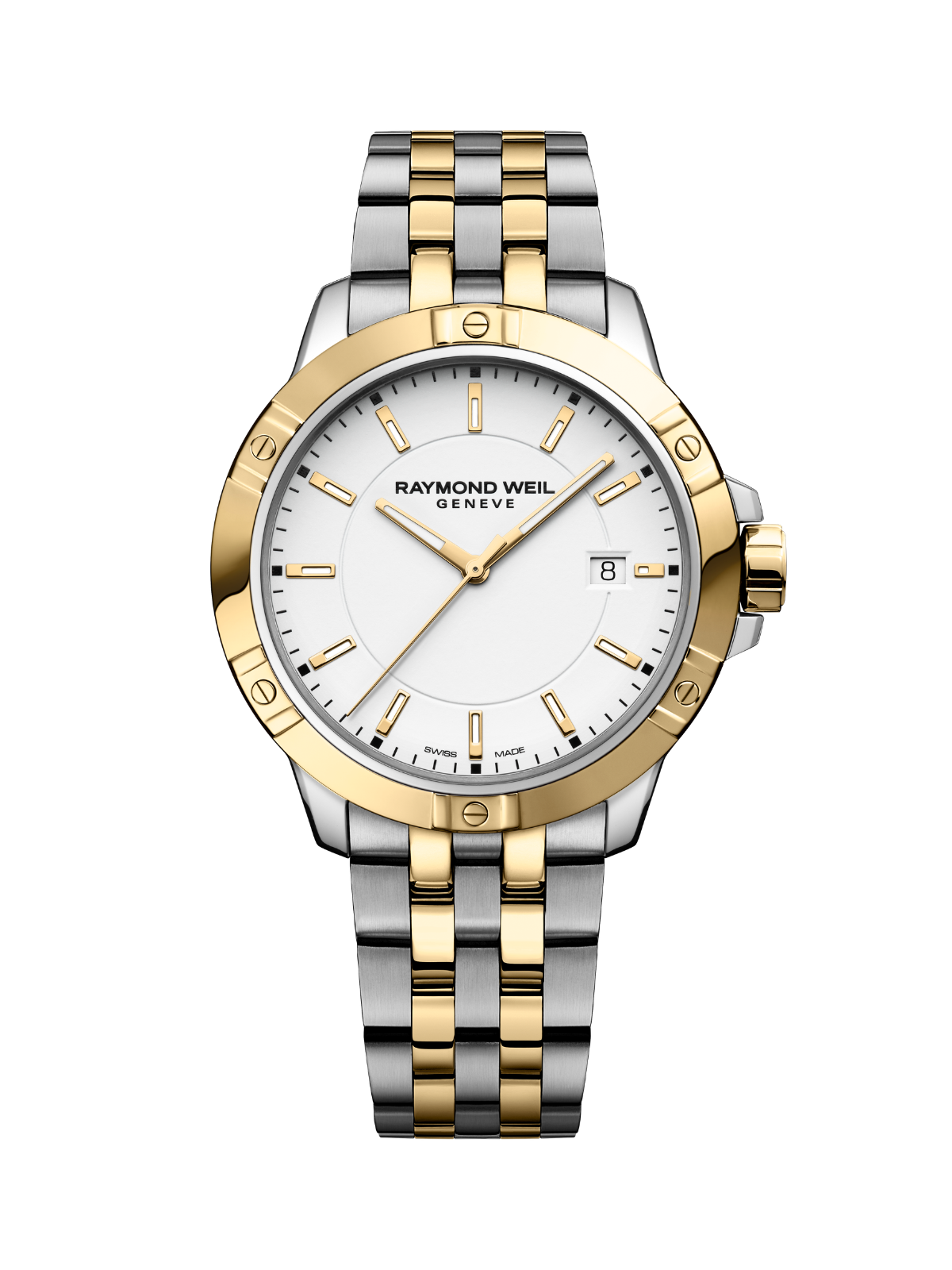 Raymond Weil Tango Classic watch with a steel and yellow-gold bracelet and white dial on a white background.