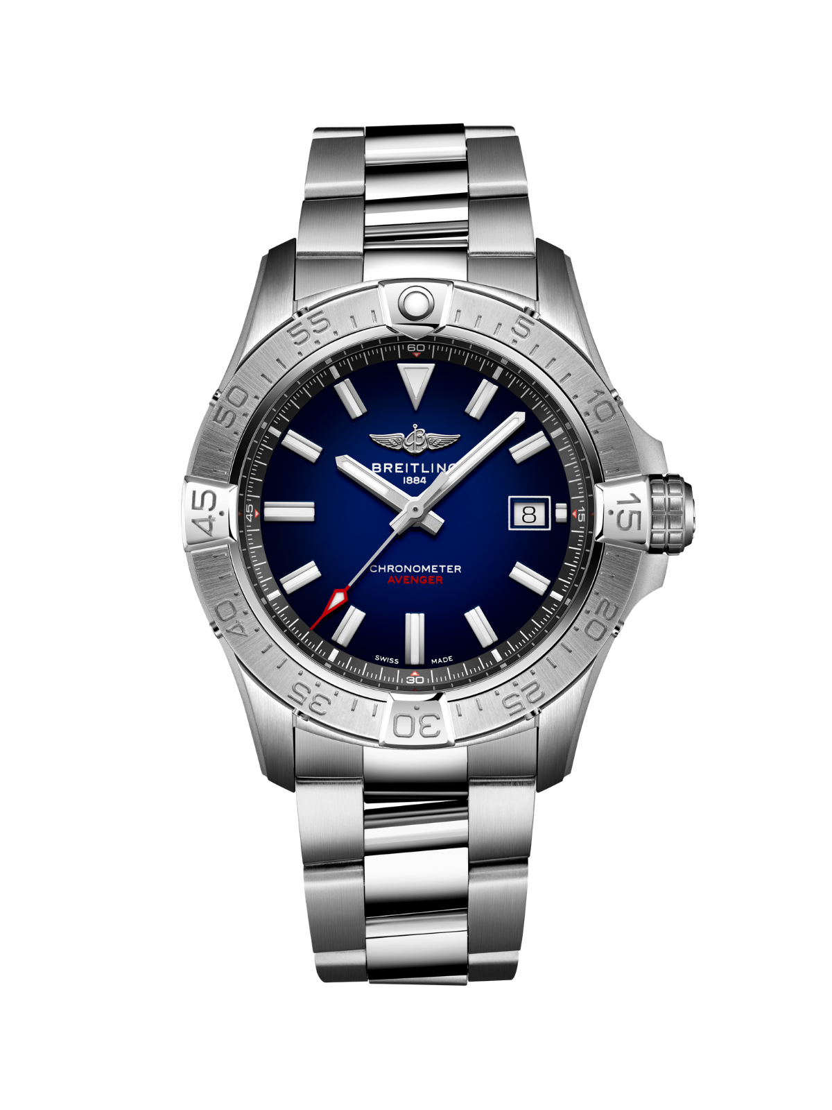Breitling Avenger Automatic 42 with steel bracelet & blue dial on a white background.