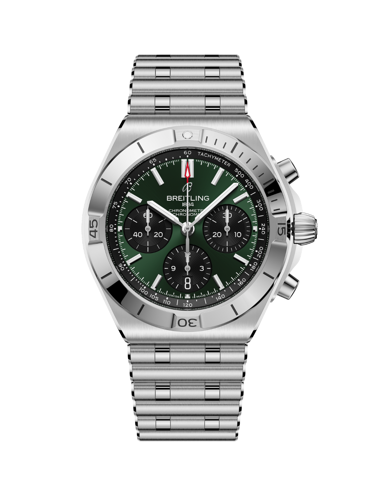 Breitling Chronomat B01 42 watch with a steel bracelet and green dial on a white background.