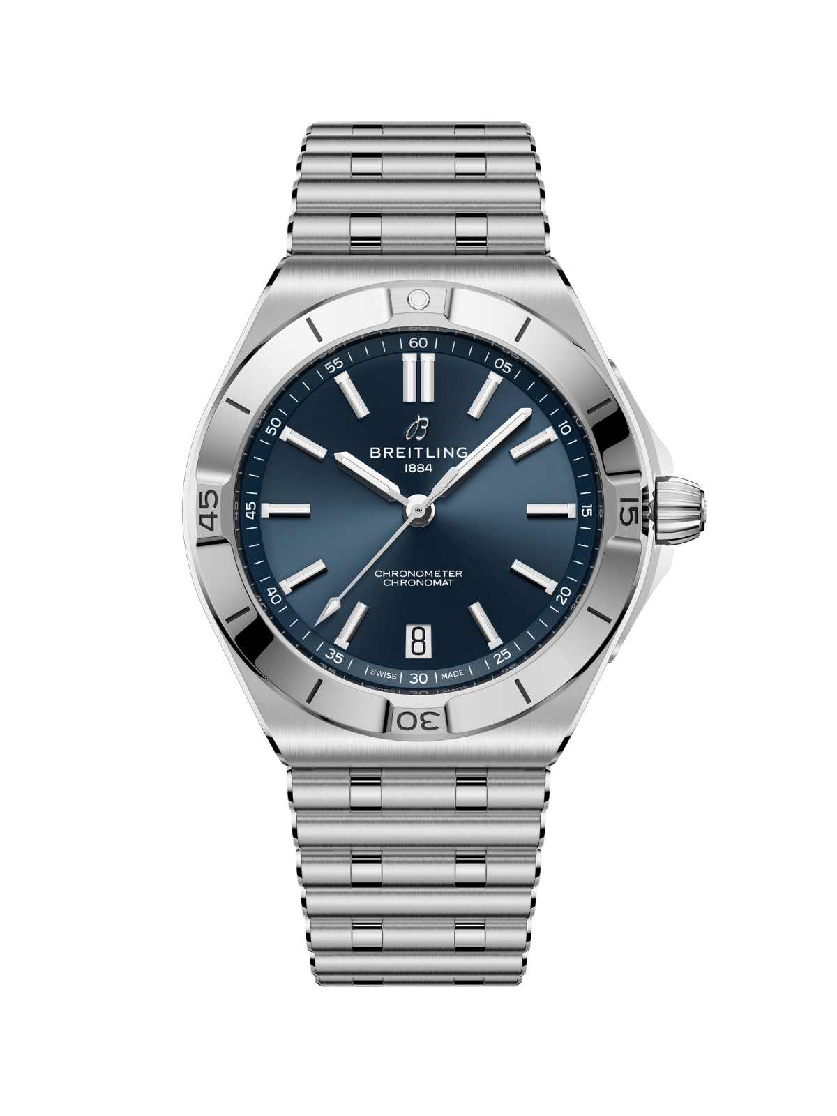 Breitling Chronomat B31 Automatic 40 watch with steel bracelet and blue dial on a white background.