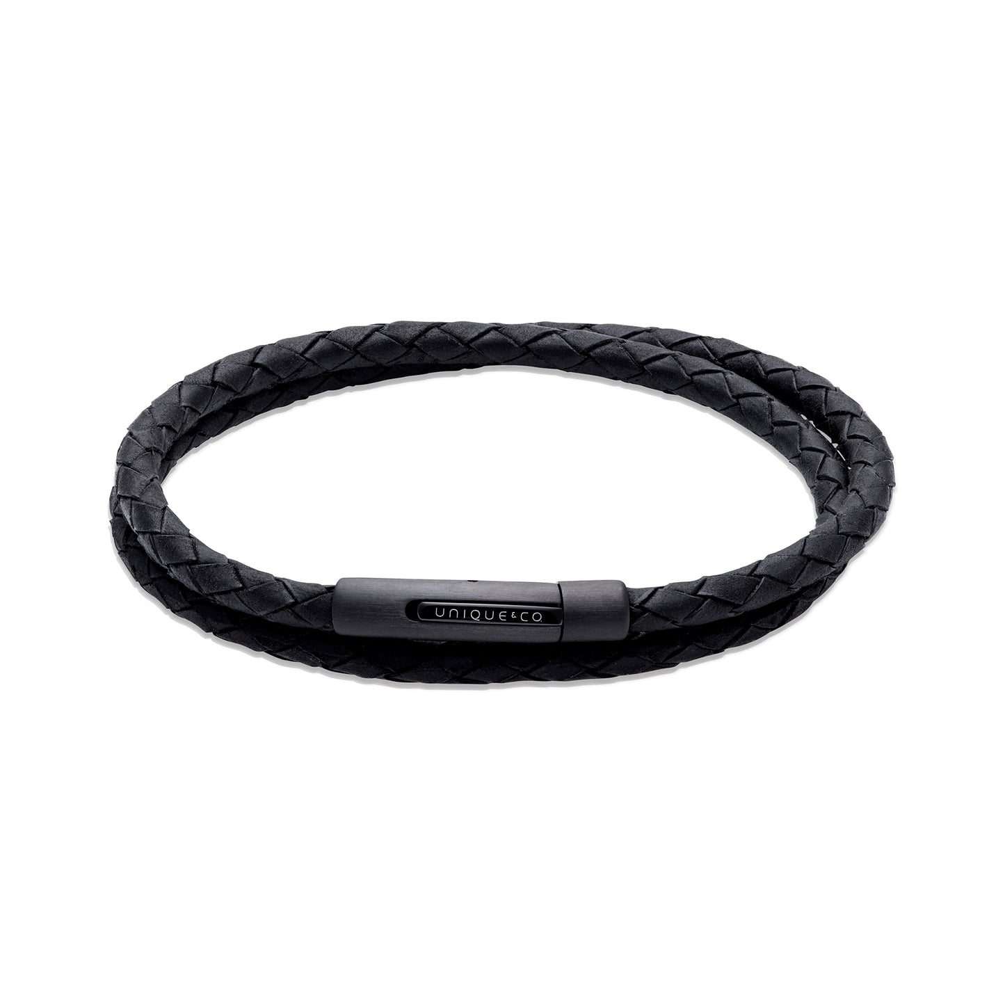Unique & Co. 21cm Black Leather Double Wrap Bracelet with Black IP Steel Clasp