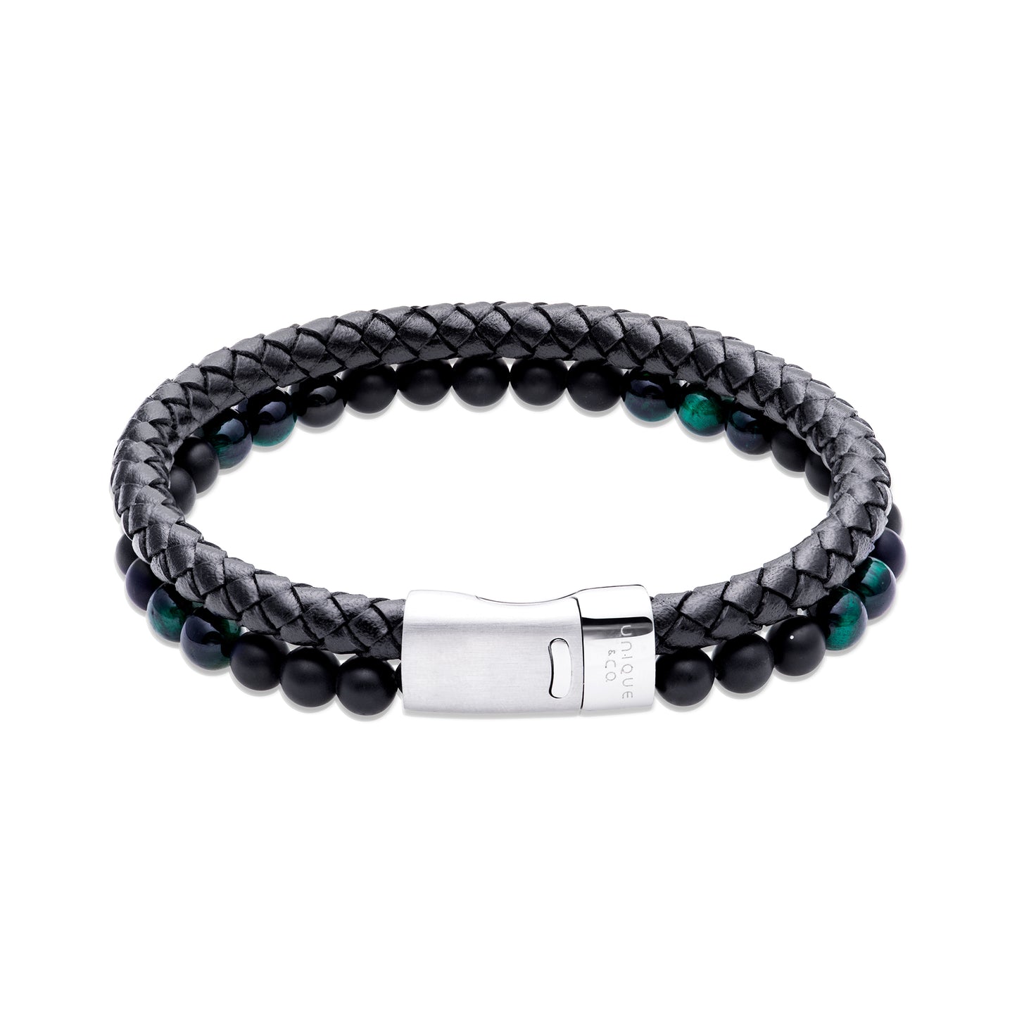 Unique & Co. 21cm Black Leather Bracelet with Onyx & Malachite Beads & Steel Clasp