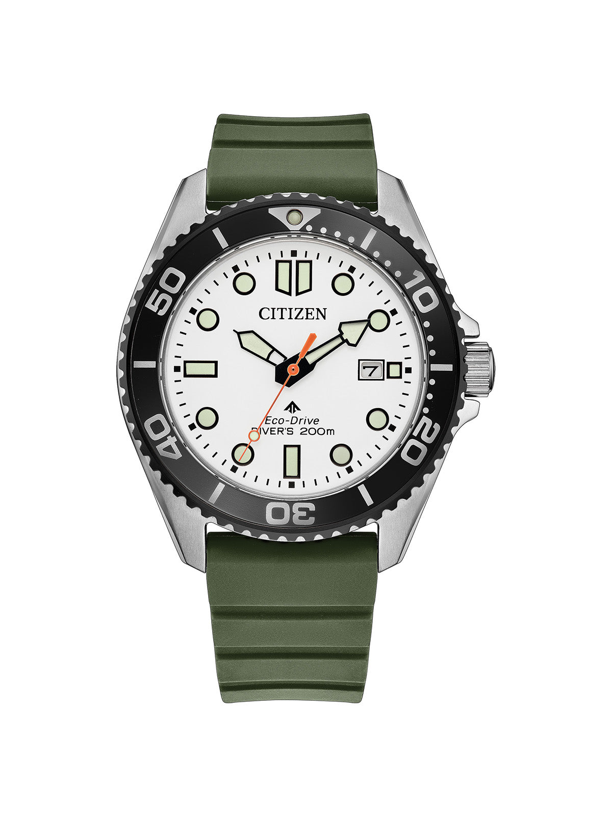 Citizen Eco-Drive Promaster Diver with 41mm case, green rubber strap & white dial on a white background.