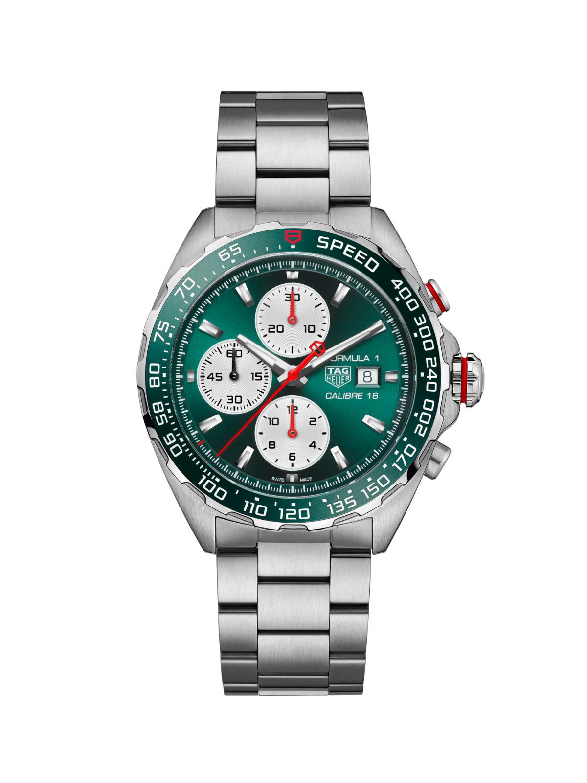 TAG Heuer Formula 1 Chronograph x Goodwood Festival of Speed with 44mm case, steel bracelet and green dial on a white background.