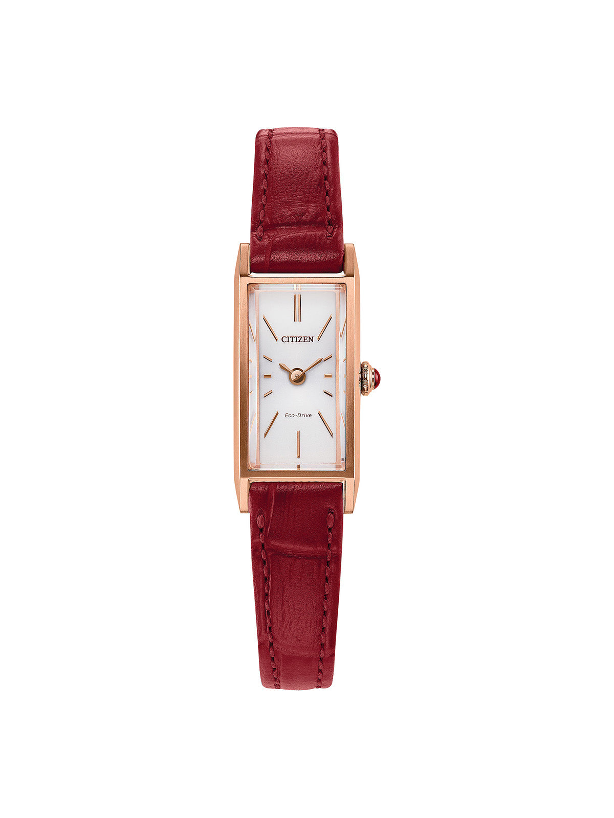 Citizen Fio rose-gold tone watch with red leather strap and white dial on a white background.
