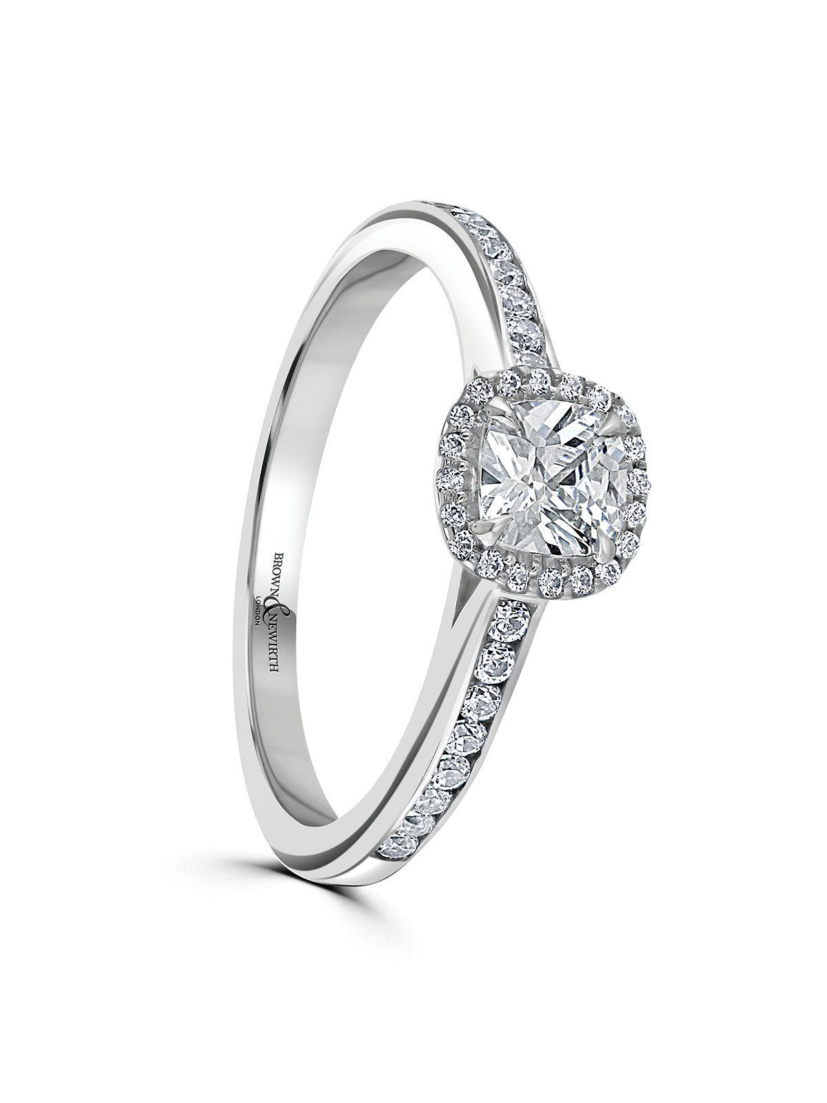 Diamond Halo Engagement Ring 0.50ct Cushion Cut in Platinum with Diamond Set Shoulders