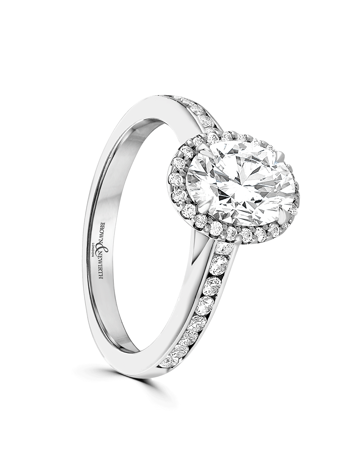 Diamond Halo Engagement Ring 0.50ct Oval Cut in Platinum with Diamond Set Shoulders