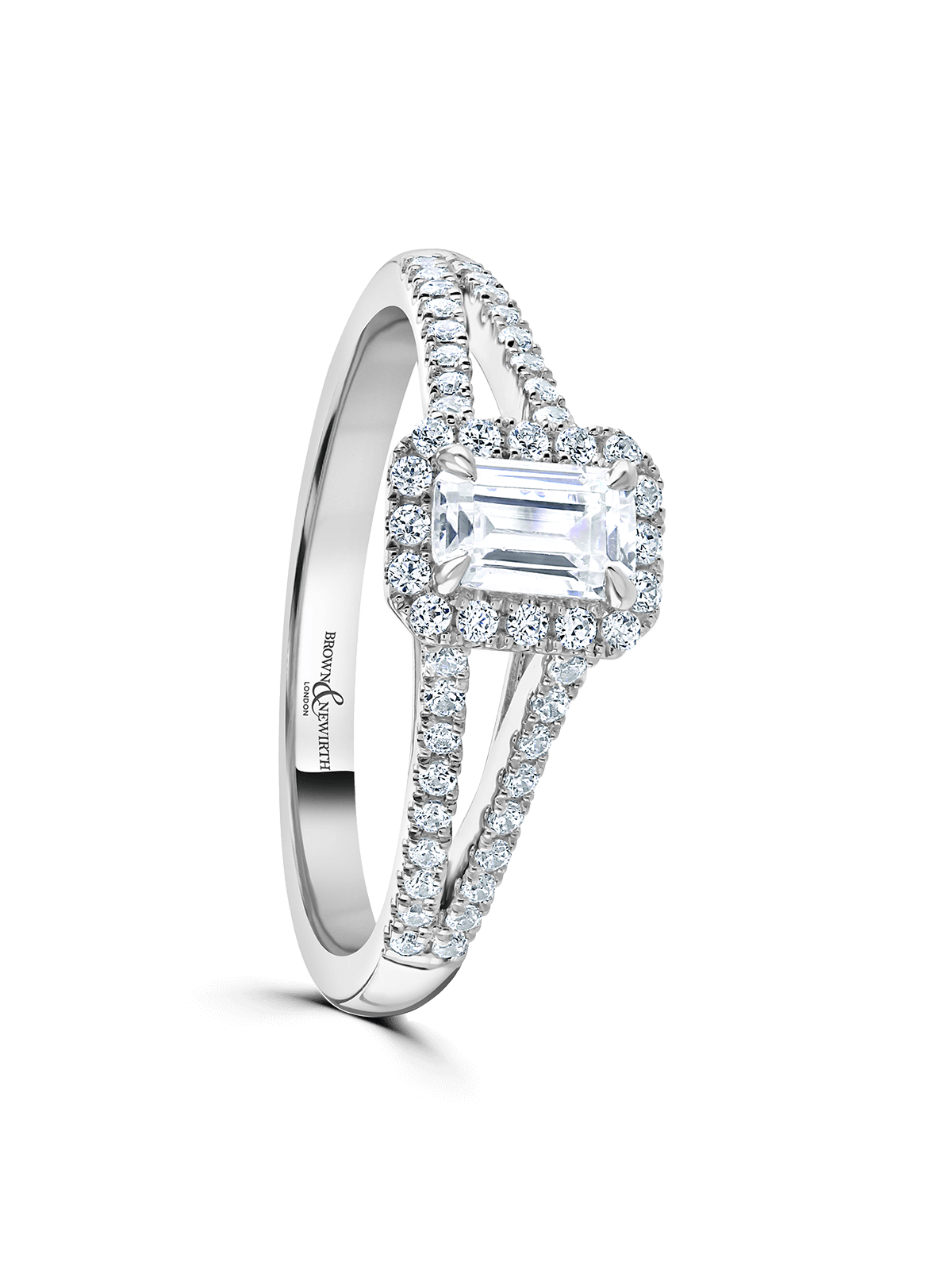Diamond Halo Engagement Ring 0.50ct Emerald Cut in Platinum with Diamond Set Split Shoulders