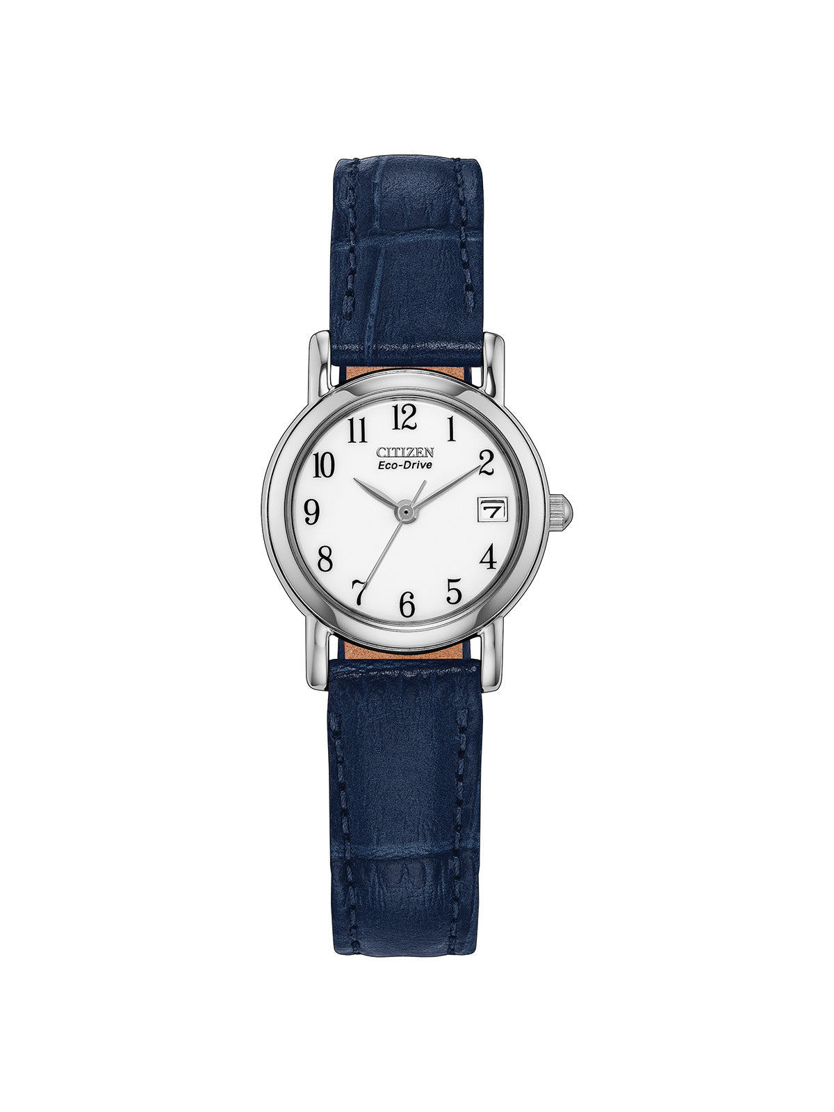 Citizen Eco-Drive with 23mm steel case, blue leather strap and white dial on a white background.