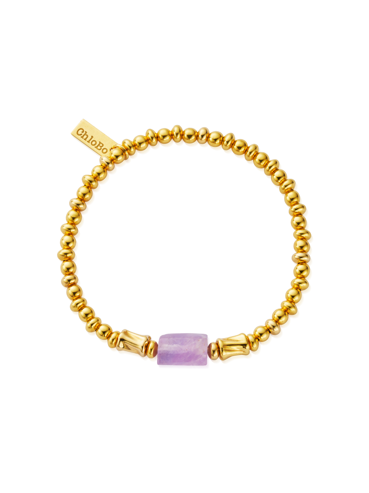 Yellow gold-plated bead bracelet with amethyst centre stone and ChloBo tag on a white background.