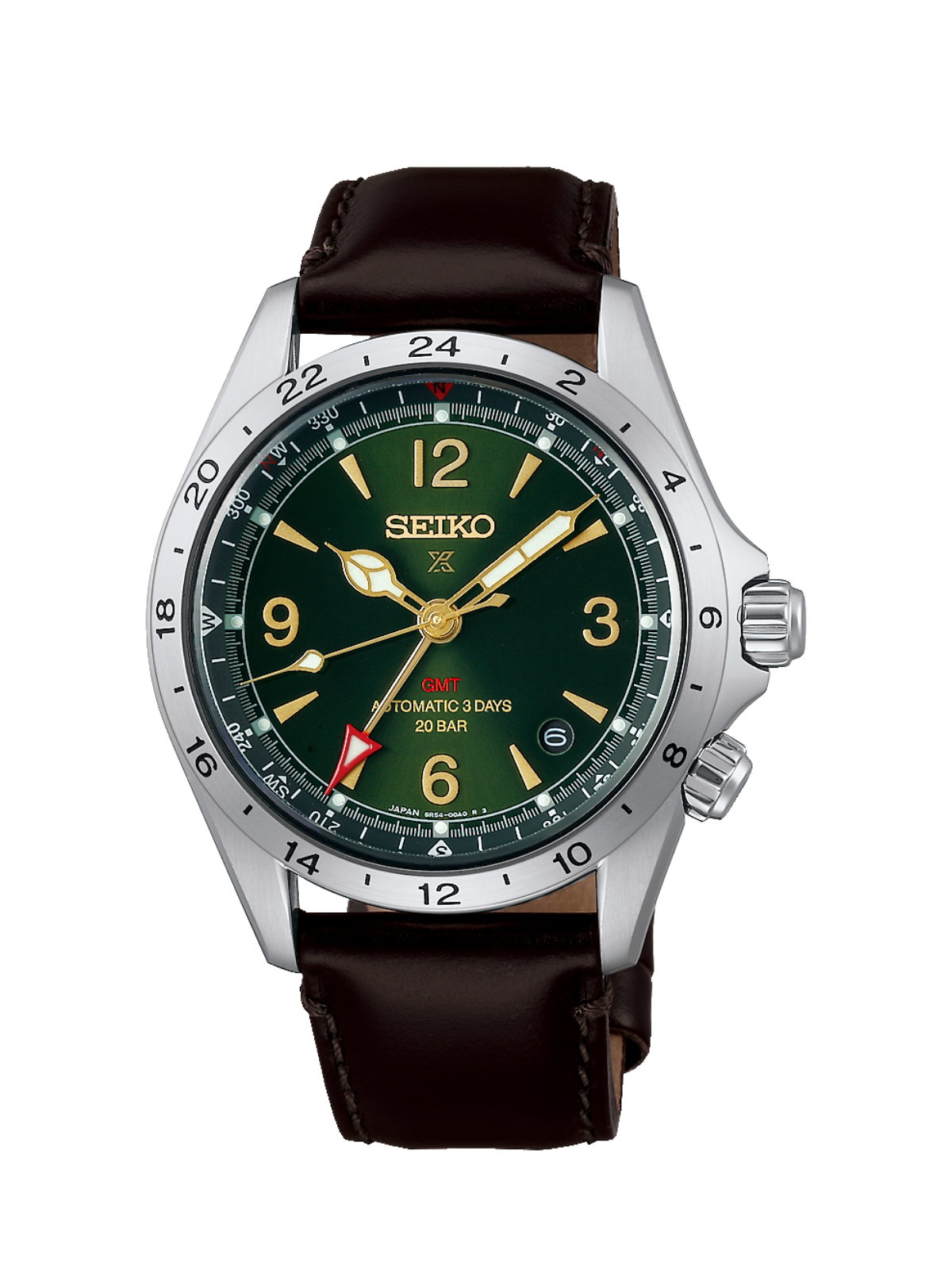Seiko Alpinist Mechanical GMT with steel case, brown leather strap & green dial on a white background.