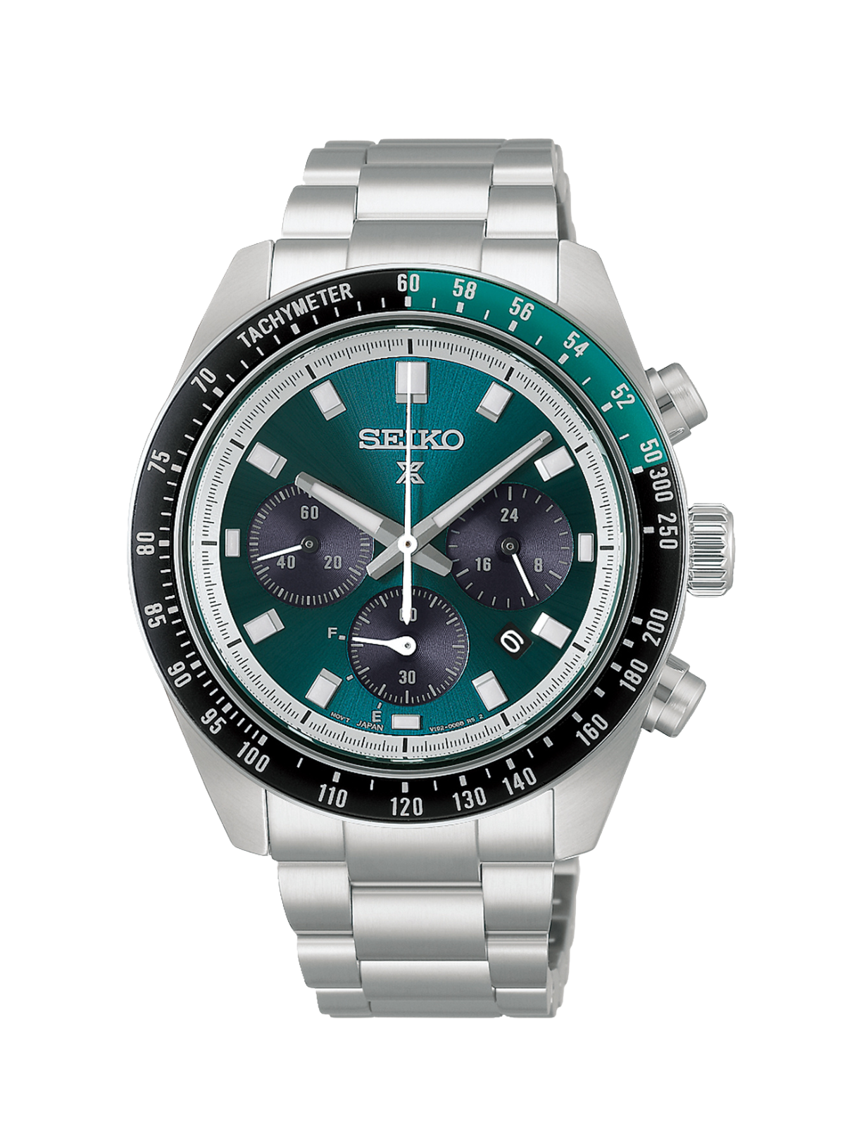 Seiko Prospex Speedtimer ‘Racing’ Solar Chronograph with 41.4mm case, steel bracelet & teal dial on a white background.