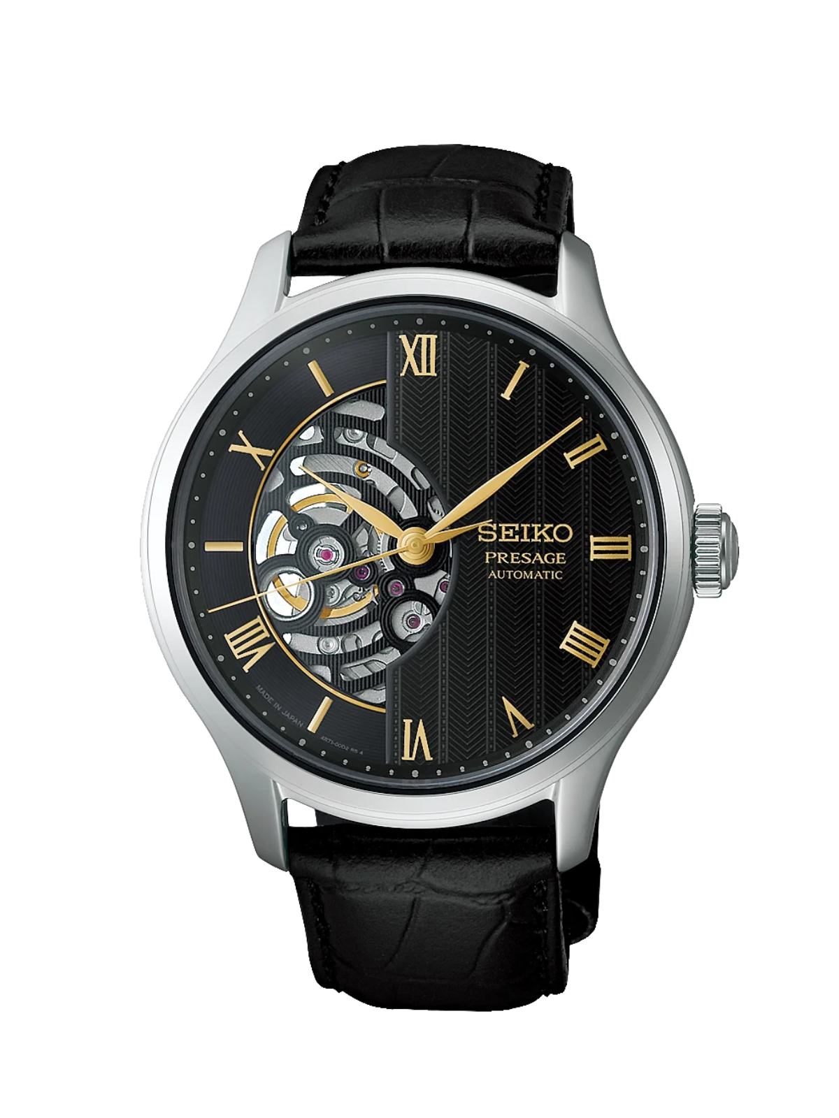 Seiki Presage Japanese Zen Gardens Moonlight Black with 41.8mm case, black leather strap & black dial on a white background.