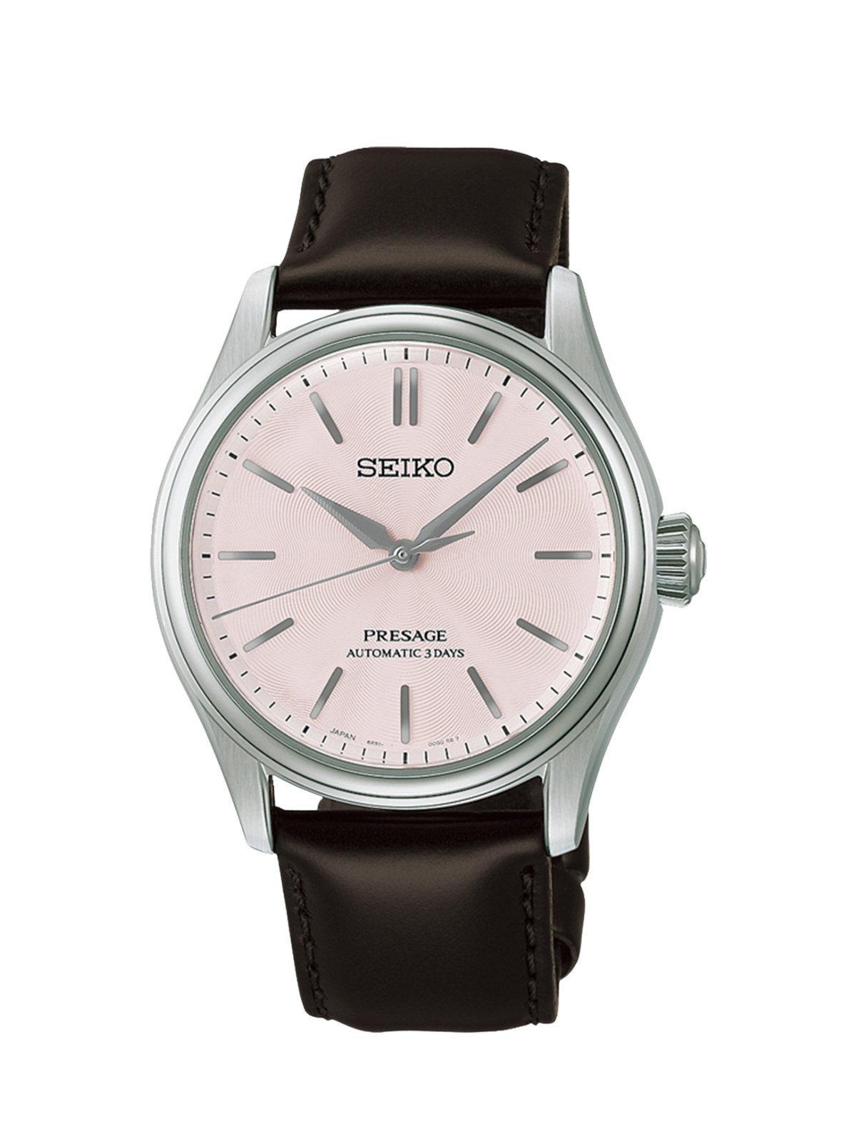 Seiko Presage Classic Series 'Sakura Iro' with 38mm steel case, black leather and pink dial on a white background.