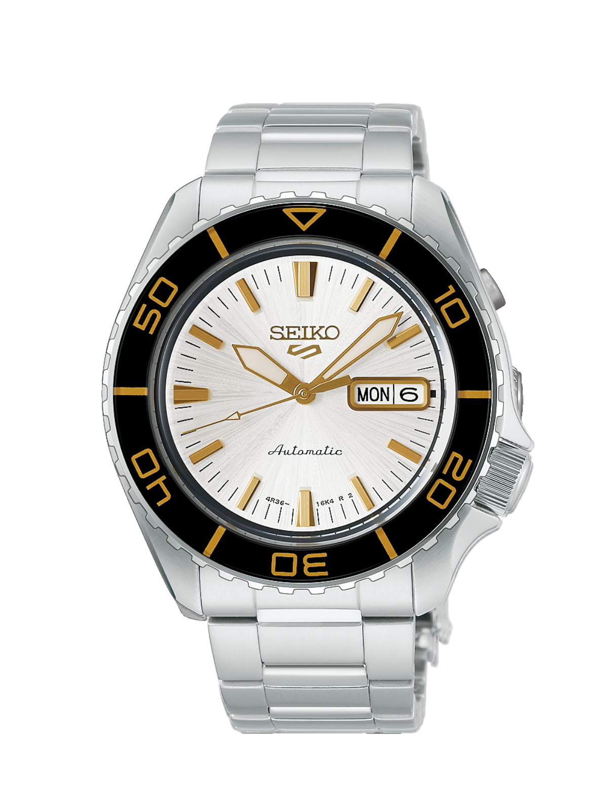 Seiko 5 Sports SKX in 'Formal White' with 42.5mm case, black bezel, steel bracelet & white dial on a white background.
