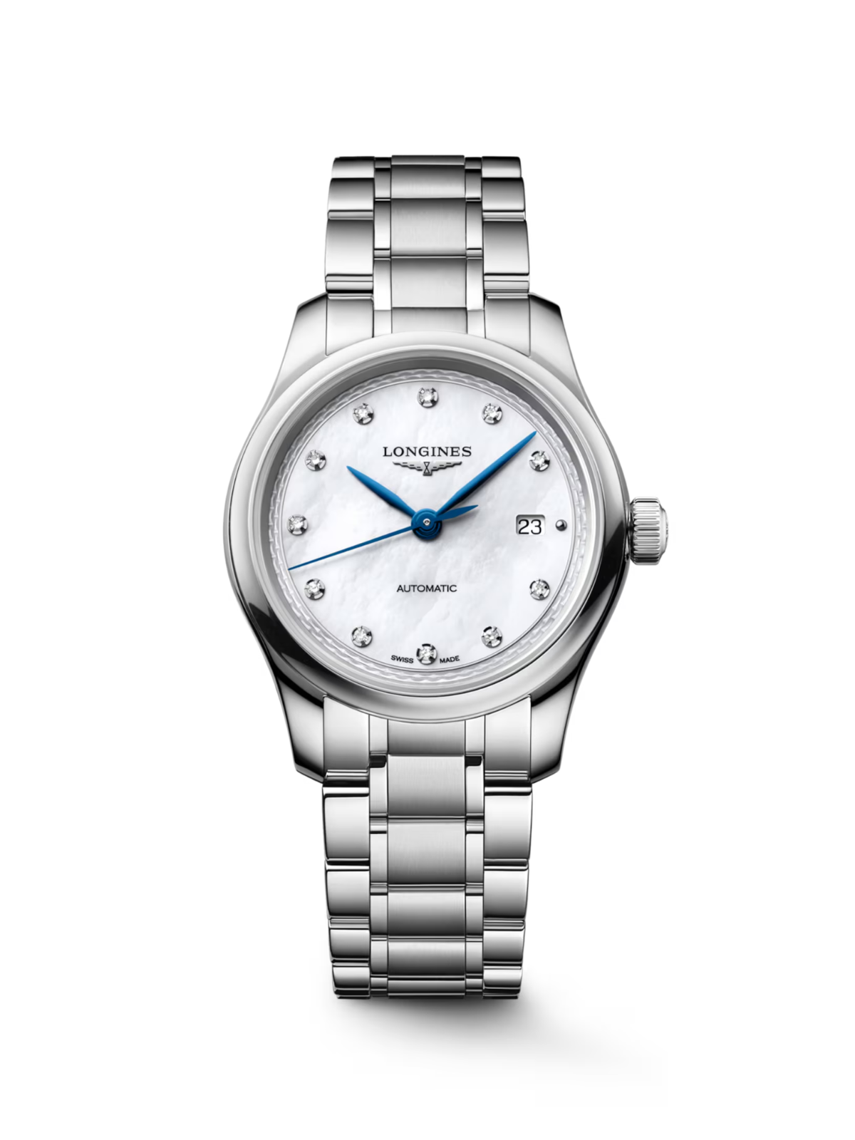 Longines Master Collection with steel bracelet and mother of pearl dial on a white background.