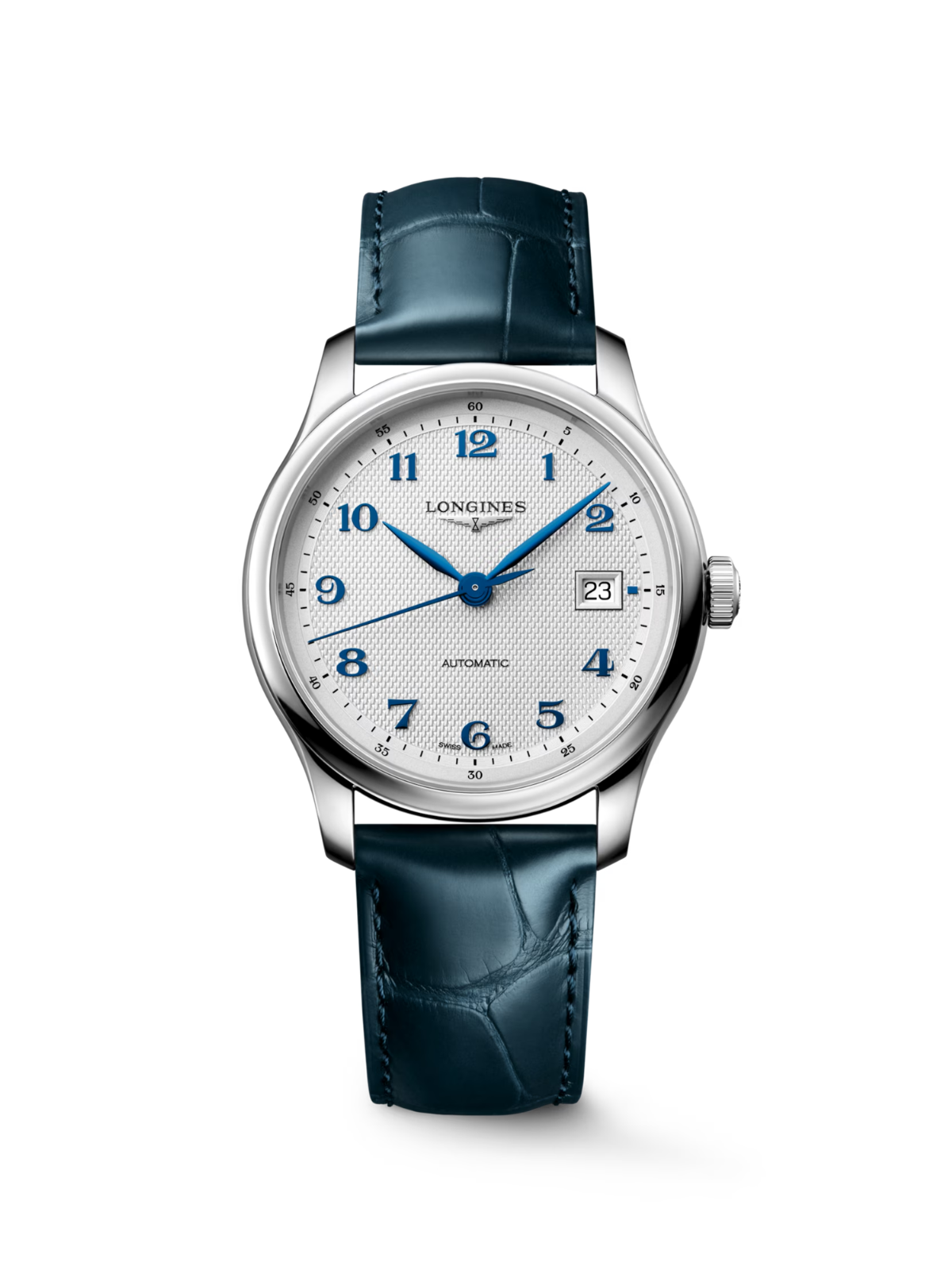 Longines Master Collection with blue leather strap and silver dial on a white background.
