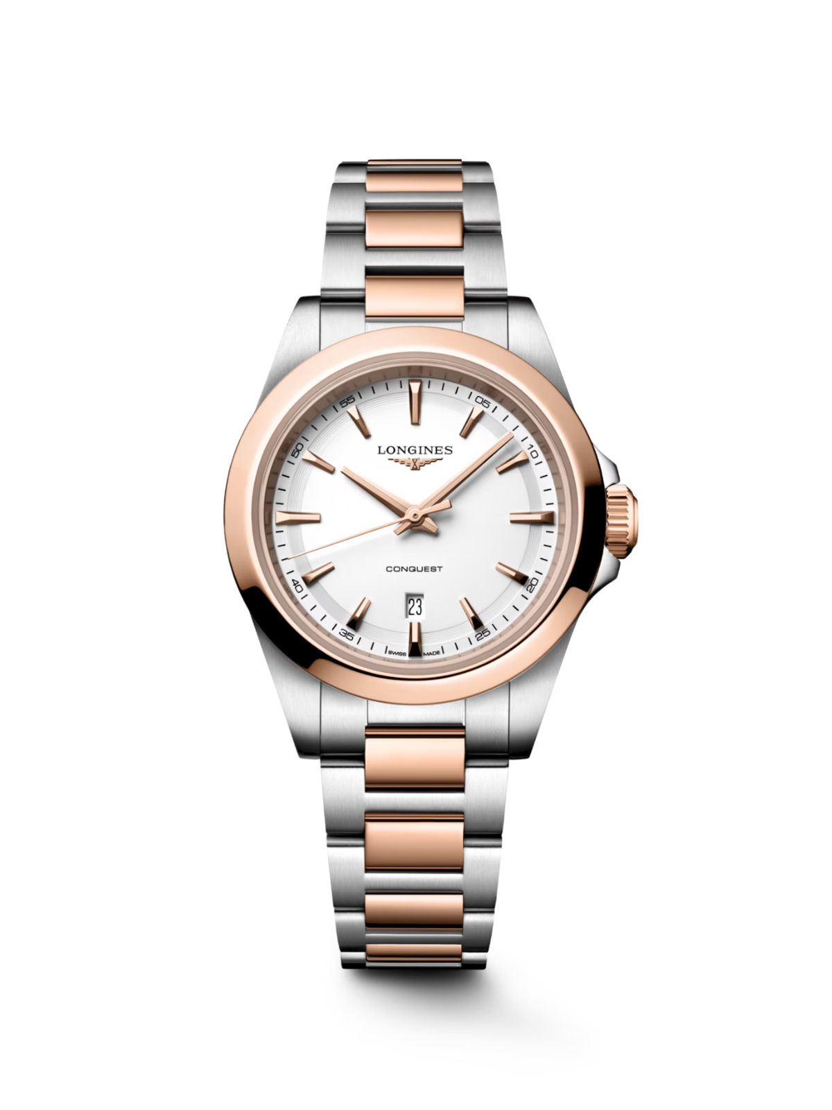 Longines Conquest with white dial & steel and rose-gold bracelet on a white background.
