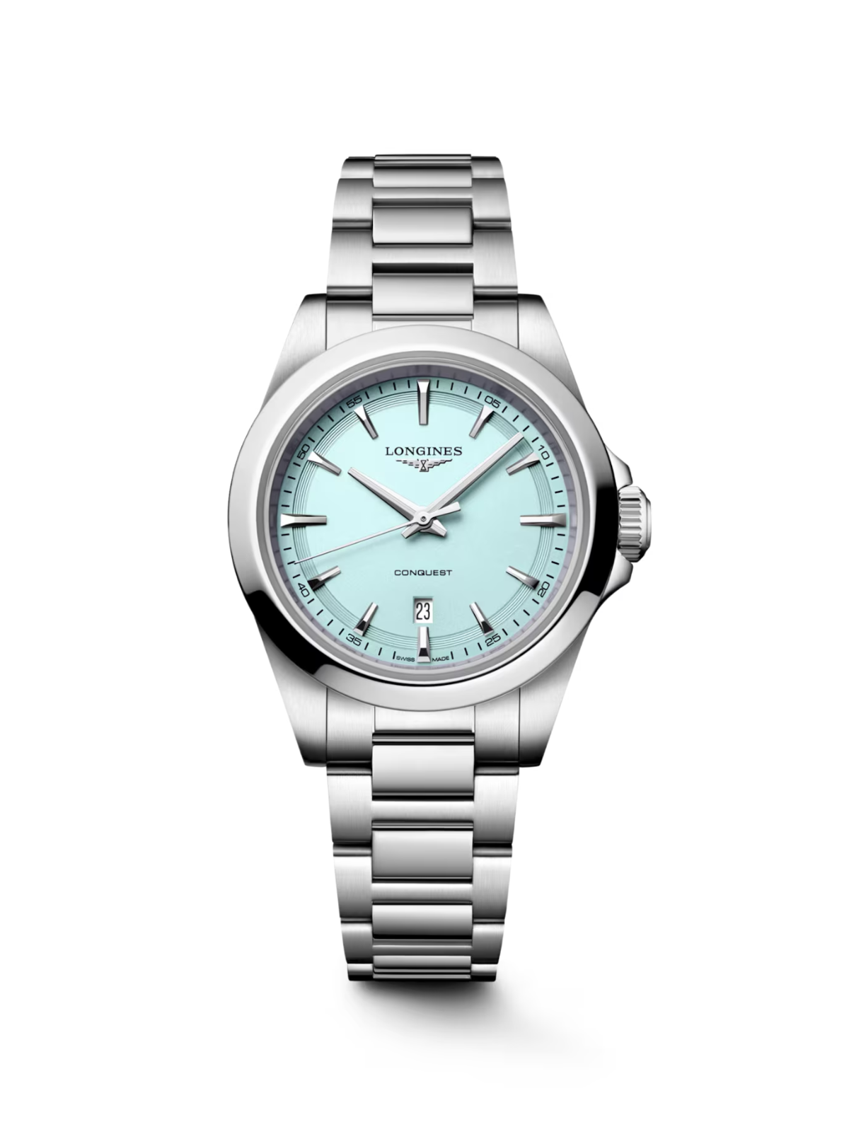 Longines Conquest with steel case and bracelet, and mint blue dial on a white background.