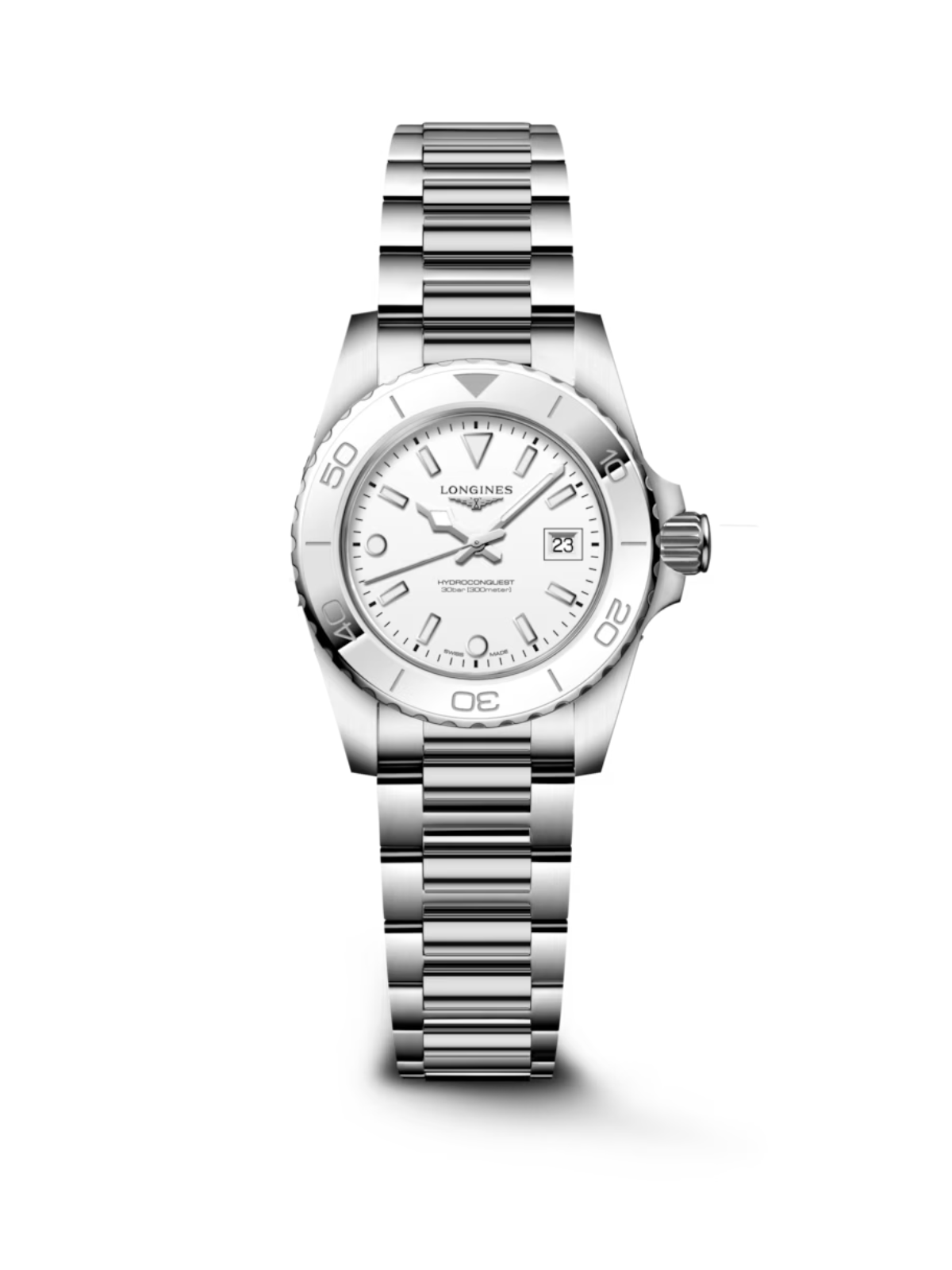 Longines HydroConquest with 30mm case, steel bracelet & white dial on a white background.