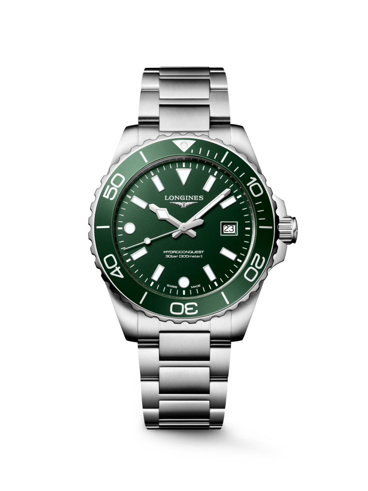 Longines HydroConquest with green dial and steel bracelet on a white background.