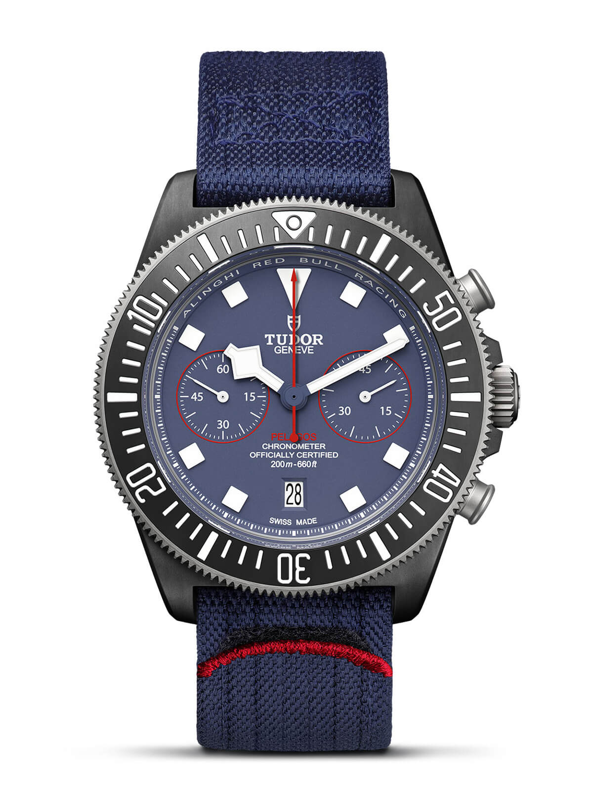 TUDOR Pelagos FXD Alinghi Red Bull Racing Chronograph with black carbon composite case, blue fabric strap and blue dial on a white background.