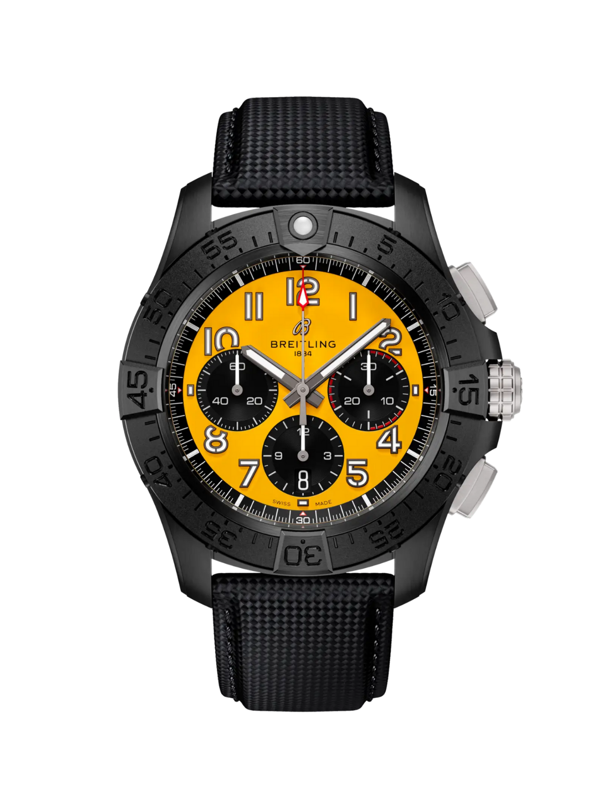 Breitling Avenger B01 Chronograph 44 Night Mission with Black Leather Strap & Yellow Dial