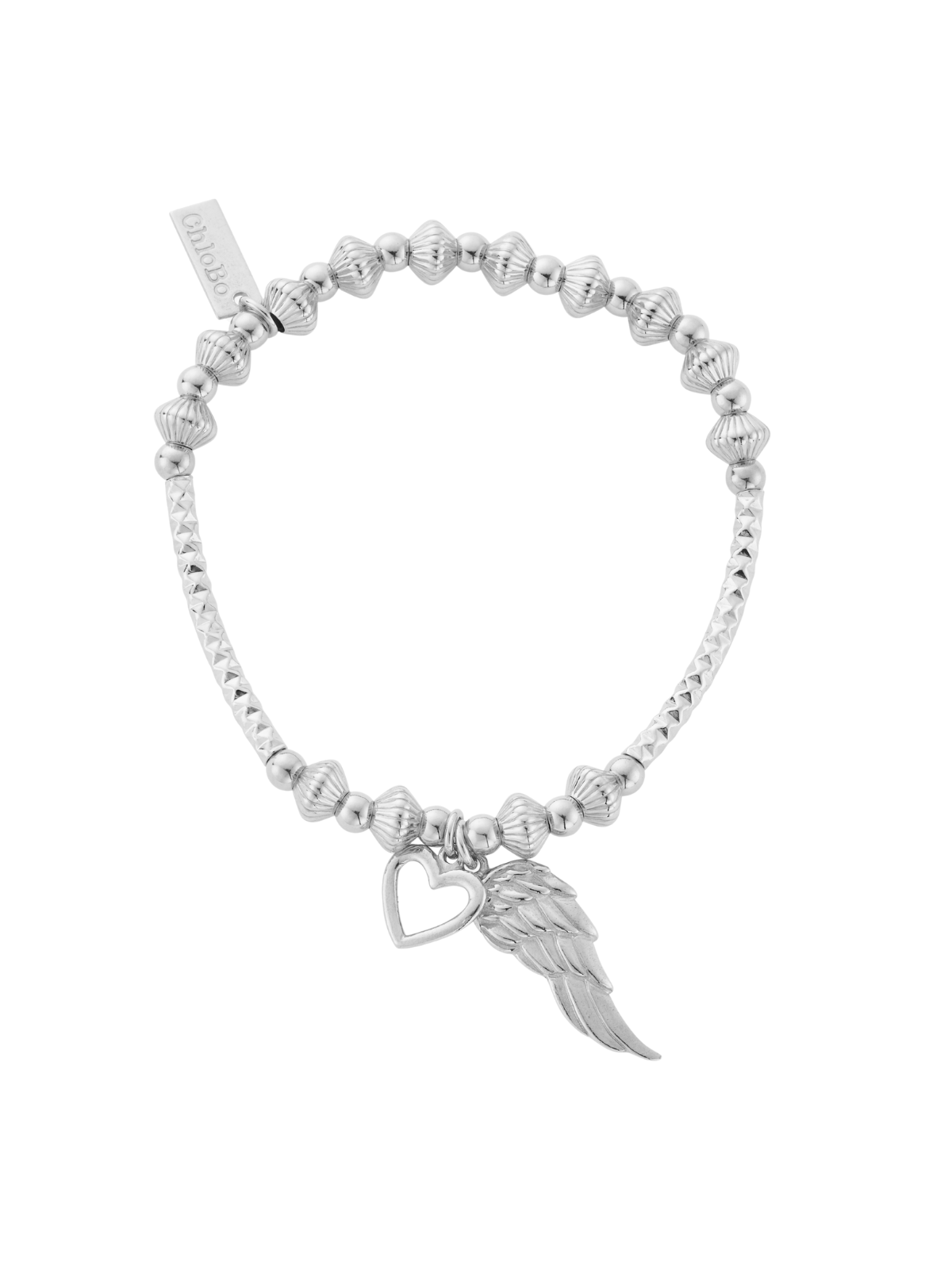 ChloBo Pattern Noodle Disc Heart and Angel Wing Bracelet in Silver