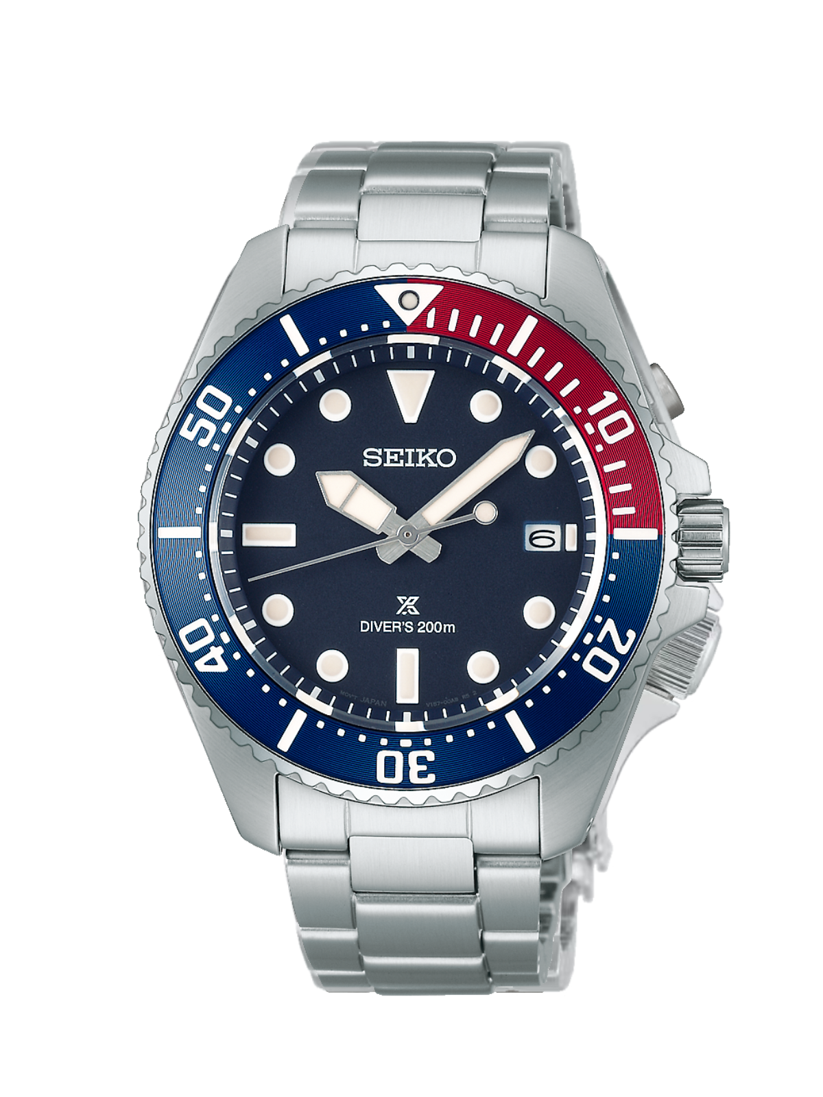 Seiko Prospex Solar Diver's with 41mm case, steel bracelet, red and blue bezel, & blue dial on a white background.