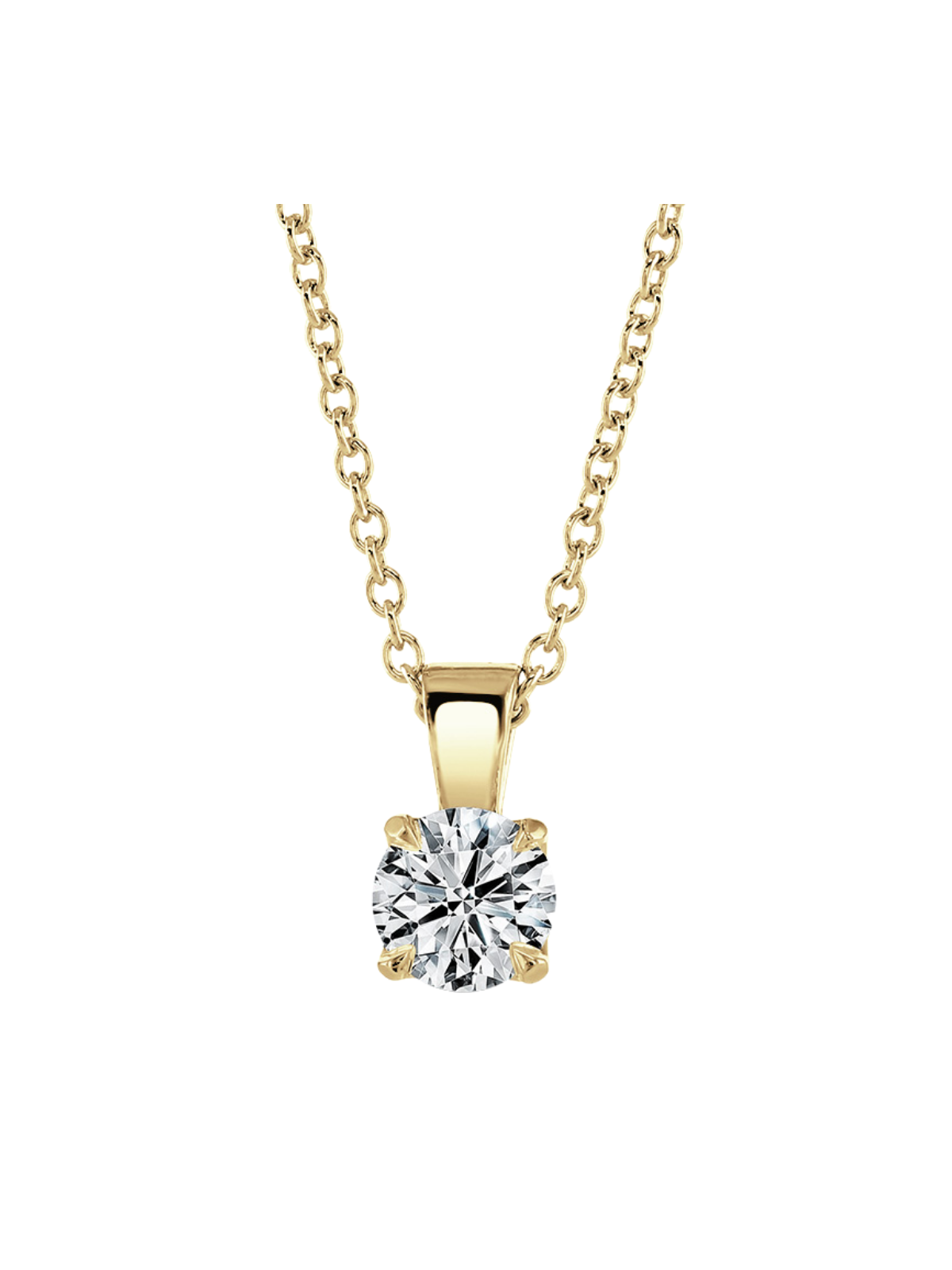 Lab grown diamond round brilliant pendant in yellow gold on a white background.