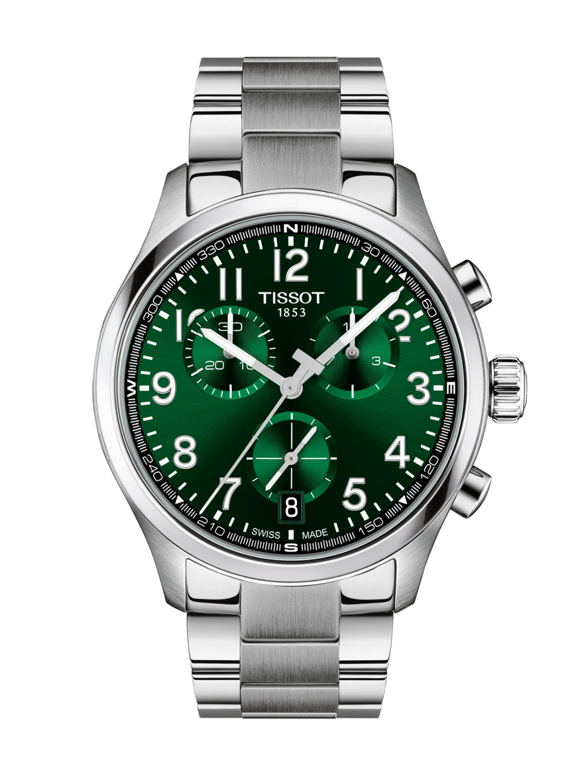 Tissot Chrono L watch with steel bracelet and green dial on a white background.