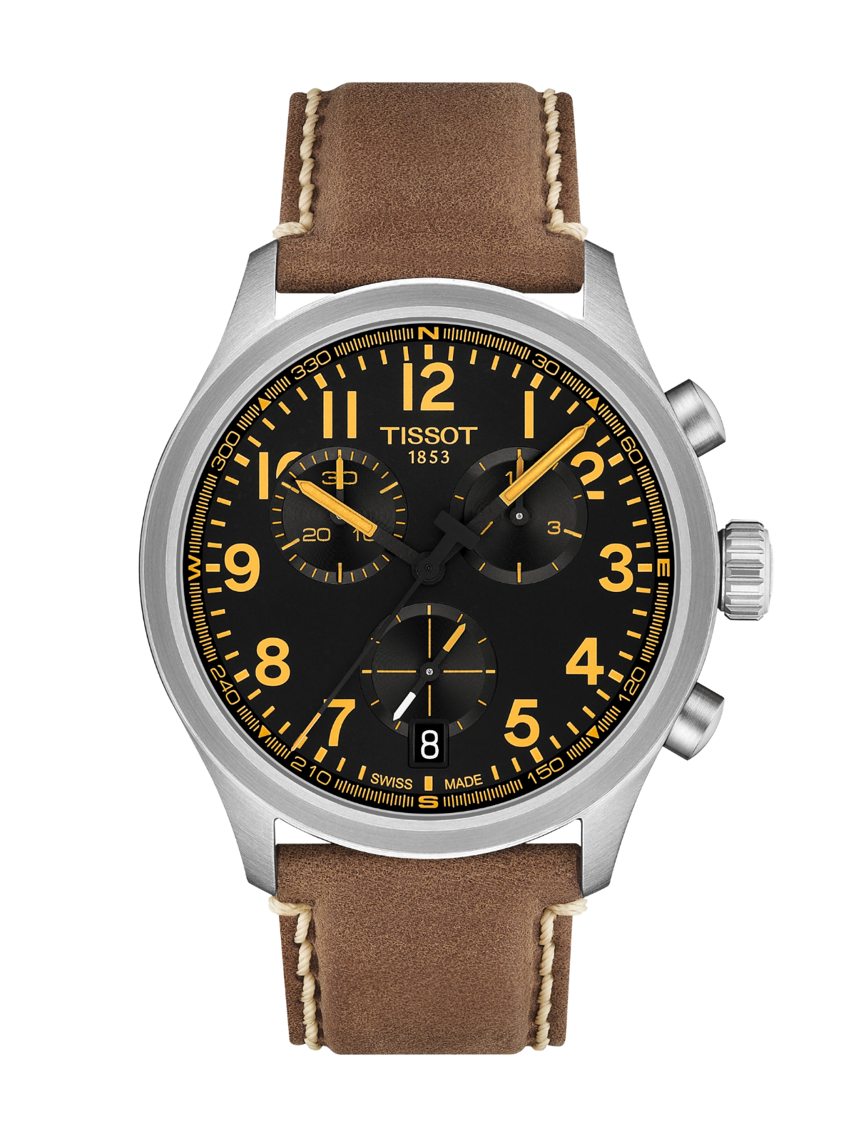 Tissot Chrono L with brown leather strap & black dial on a white background.