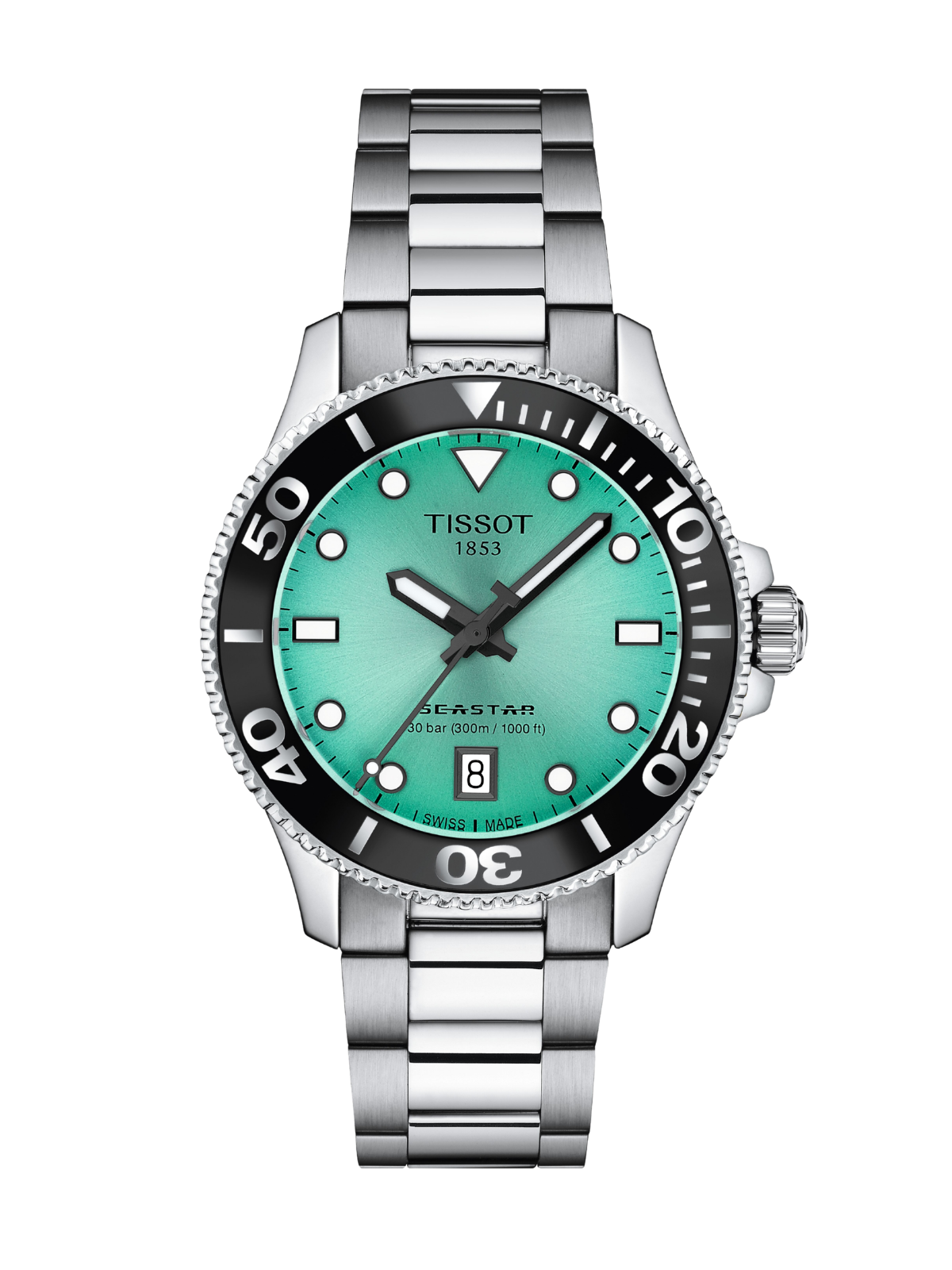 Tissot Seastar 1000 with steel case, steel bracelet and turquoise dial on a white background.