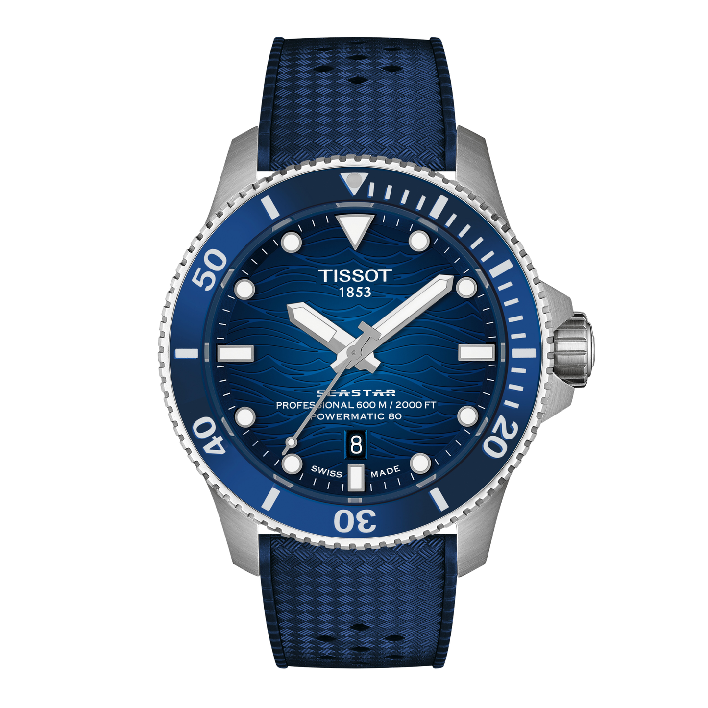Tissot Seastar 2000 with blue rubber strap and blue dial on a white background.