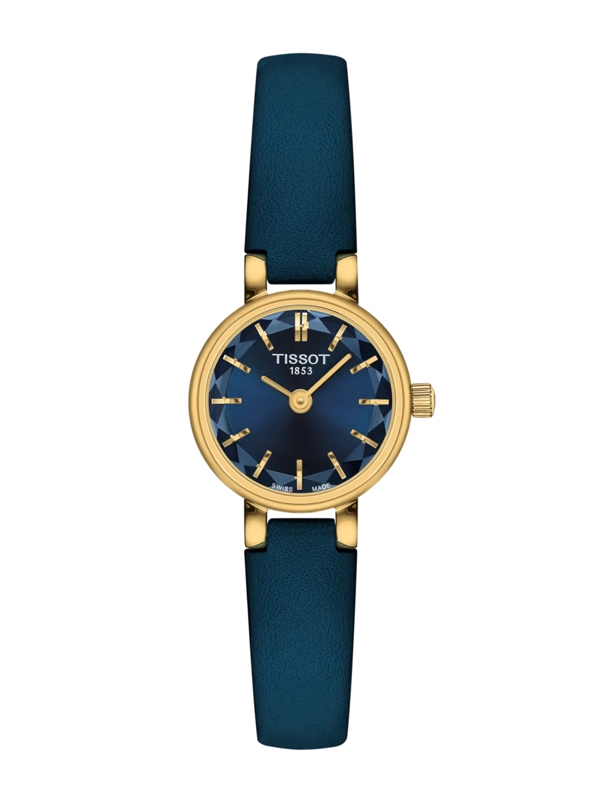 Tissot Lovely watch with a yellow gold-tone case, blue leather strap and blue dial on a white background.