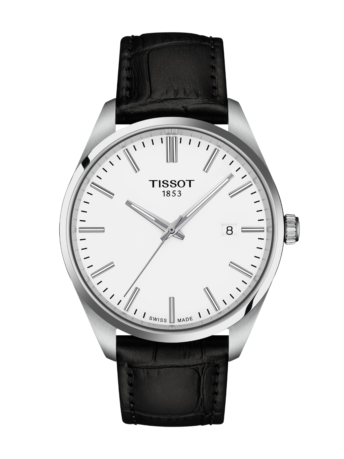 Tissot PR 100 steel watch with a black strap and white dial on a white background.