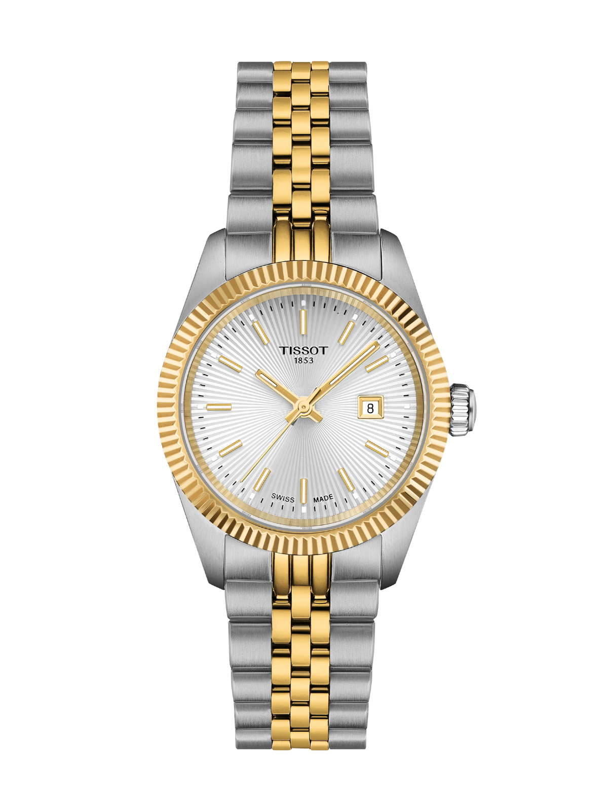 Tissot Ballade with steel & yellow gold PVD bracelet & silver dial on a white background.