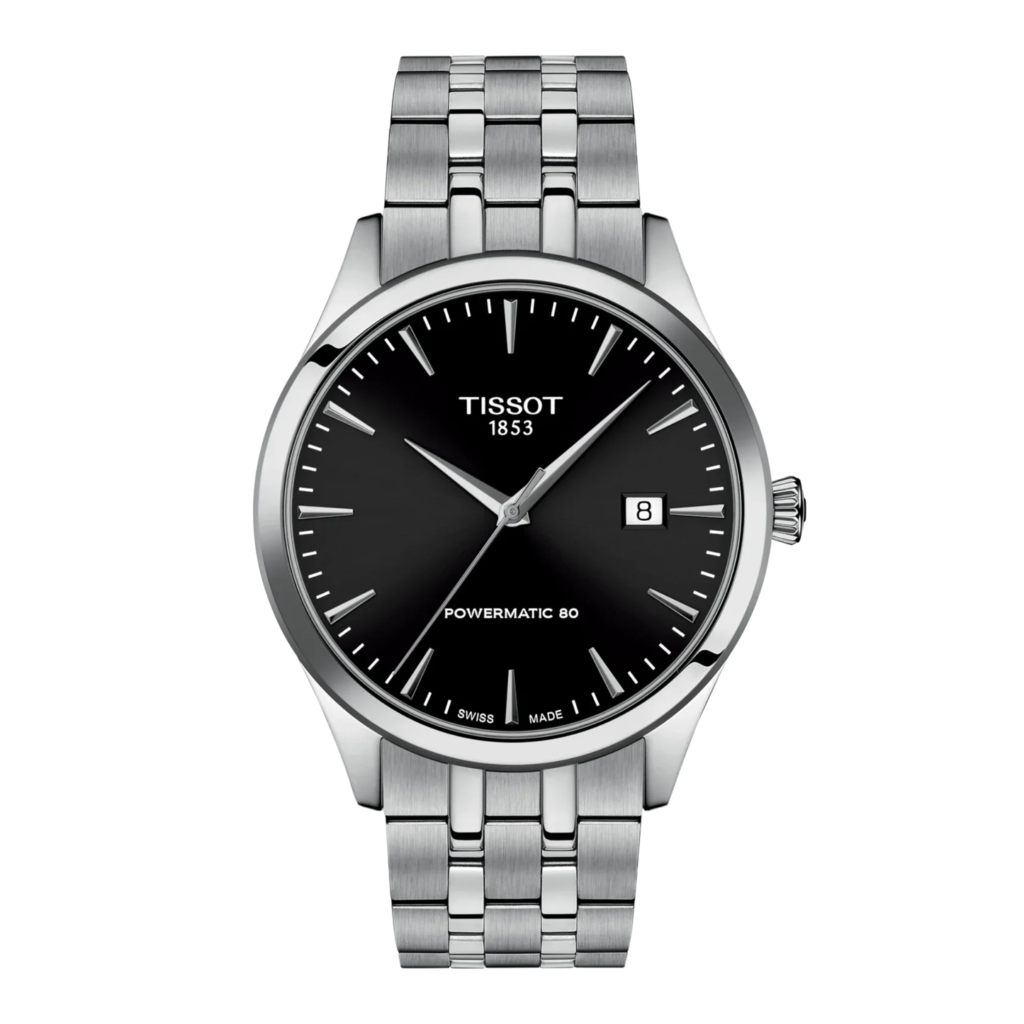 Tissot Classic Dream with steel case, steel bracelet and black dial on a white background.