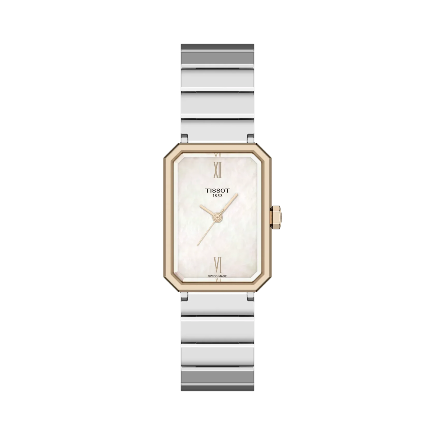 Tissot SRV with steel & rose gold PVD coating, steel bracelet, and white mother of pearl dial on a white background.